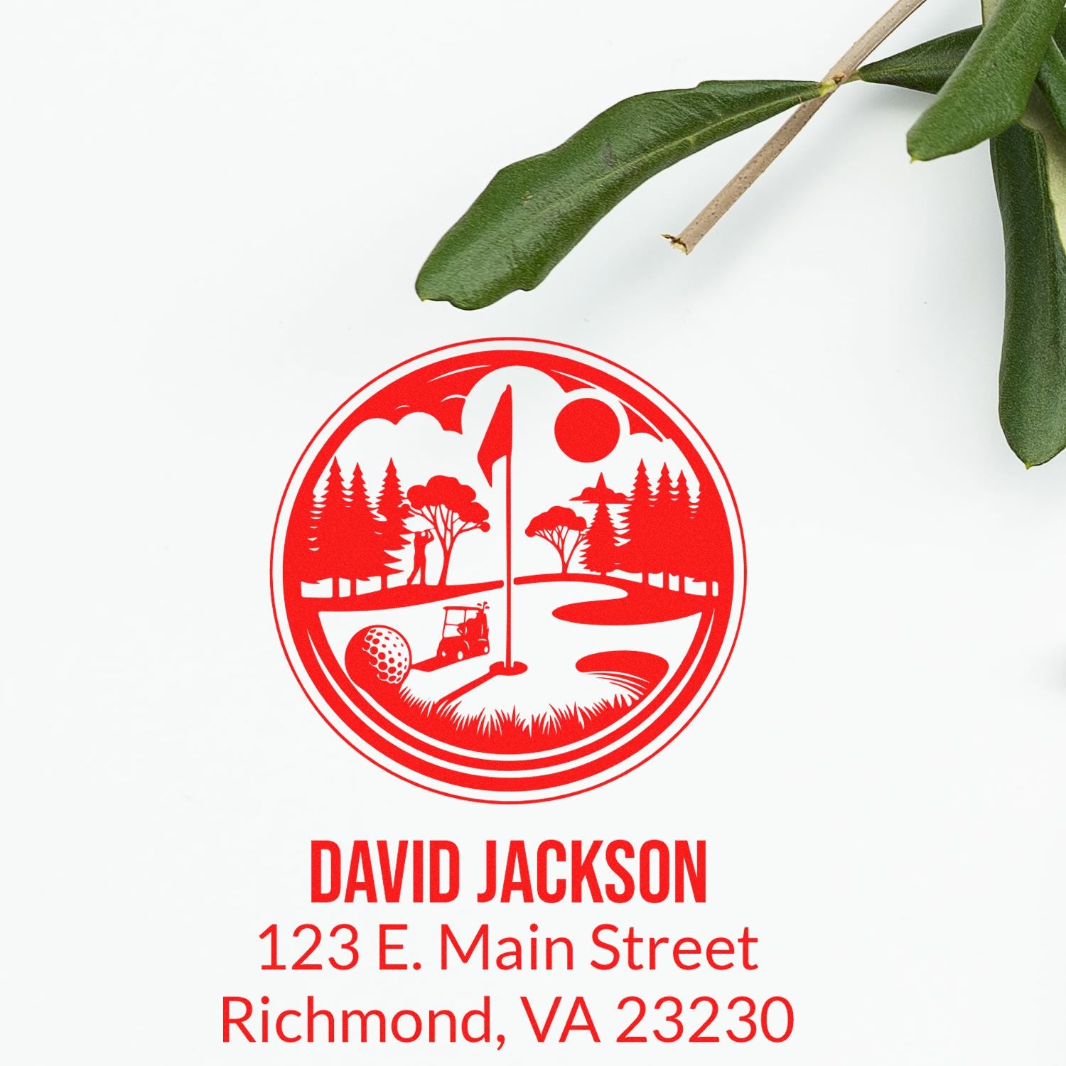 Custom golf-themed return address rubber stamp with personalized name and Richmond, VA address for David Jackson.