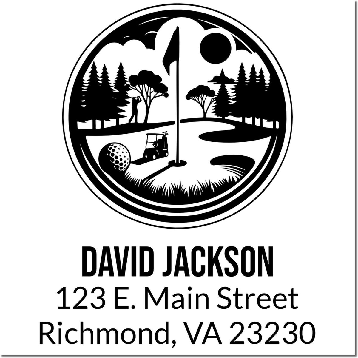 Personalized golf logo rubber stamp for David Jackson, 123 E. Main Street, Richmond, VA 23230