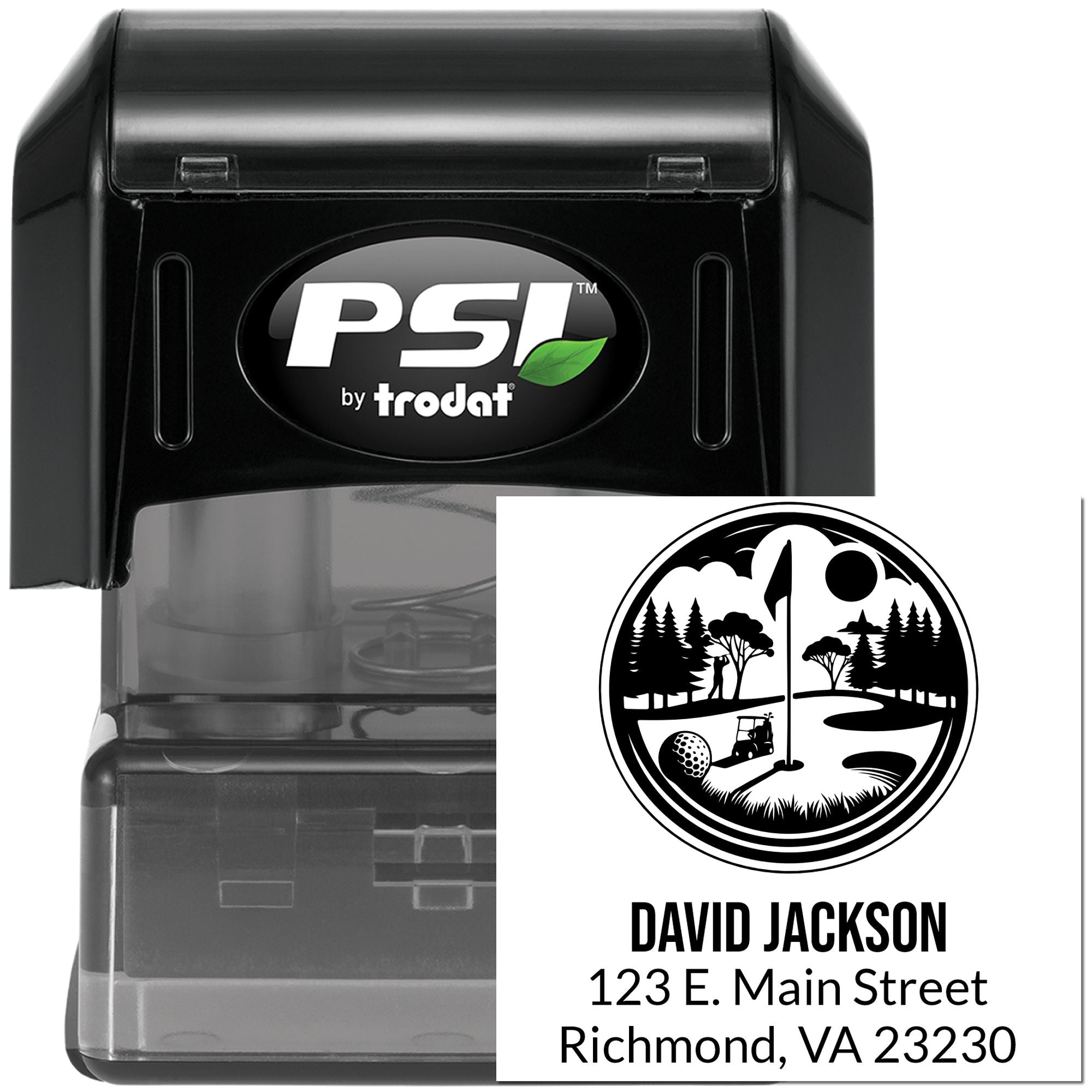PSI by Trodat self-inking custom rubber stamp with golf course logo, name, and address for business branding.
