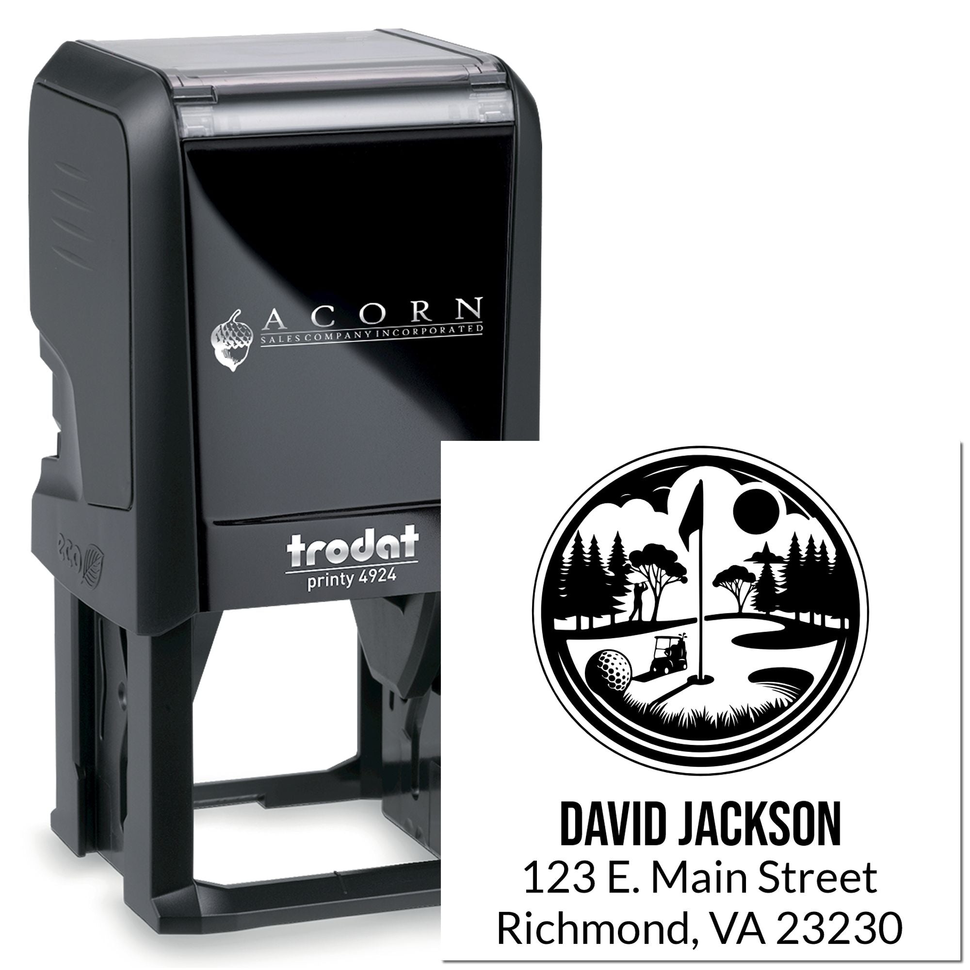 Custom self-inking rubber stamp with golf logo, name, and address for personalized business or club branding.
