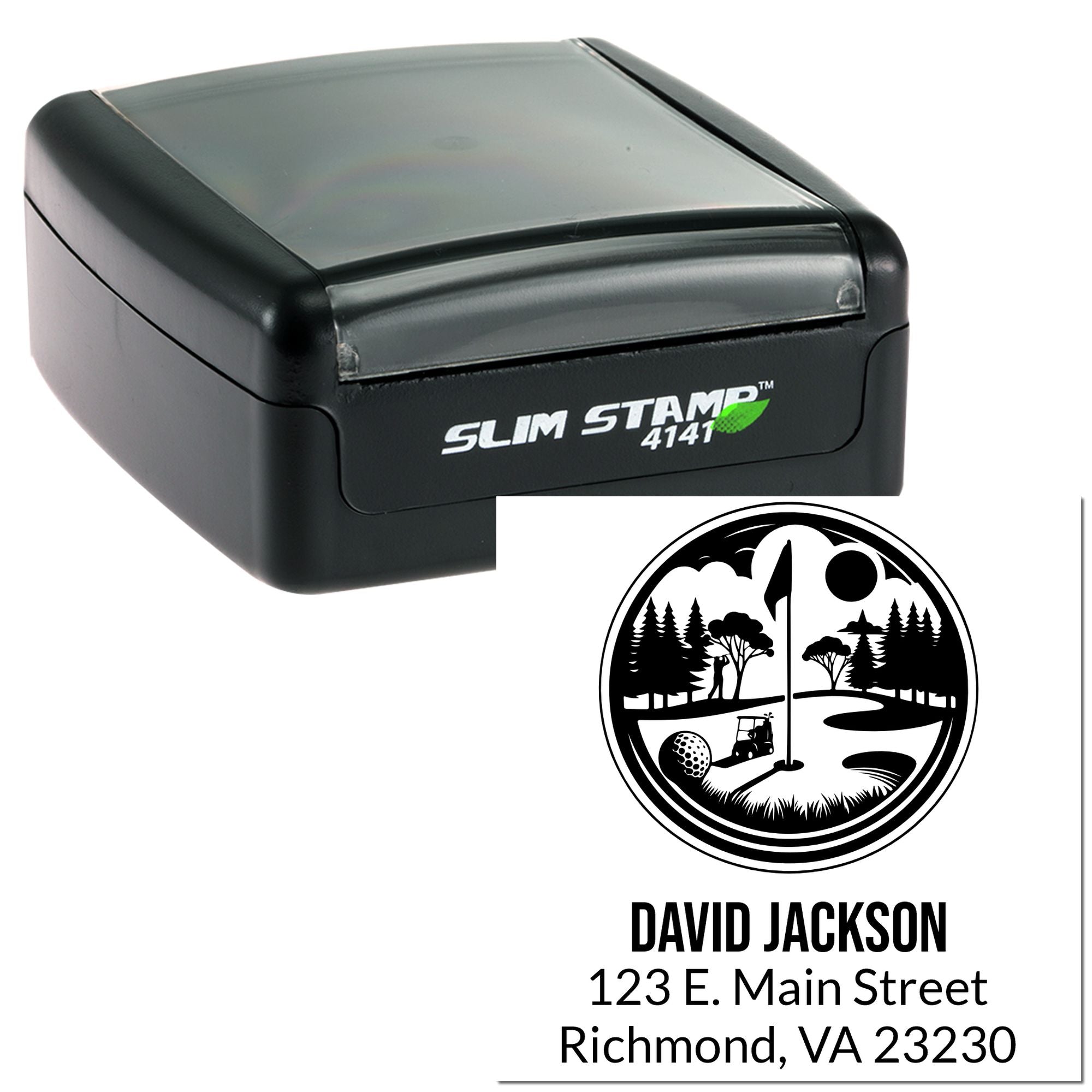 Custom golf return address self-inking rubber stamp for personalized mailing and correspondence.