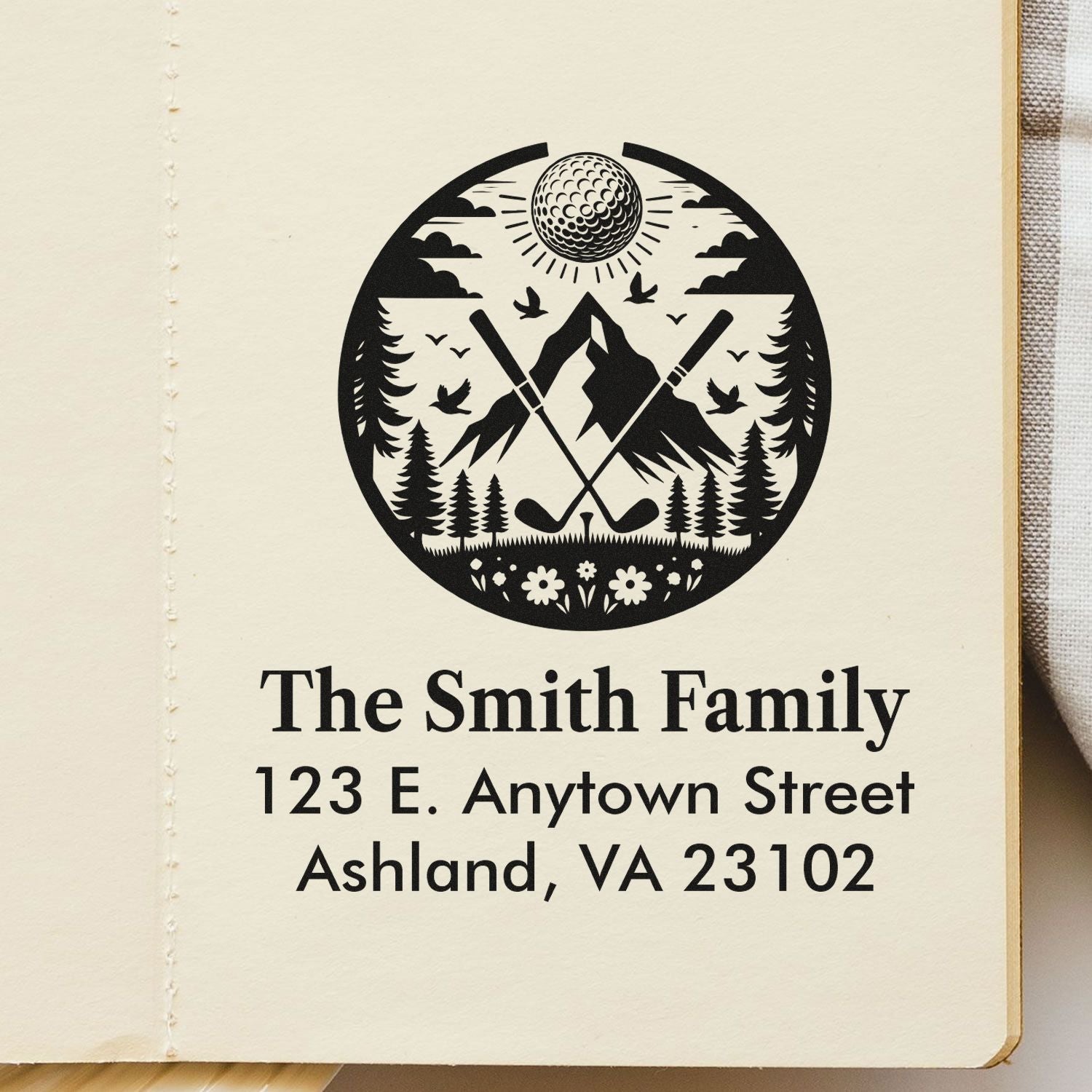 Personalized family return address rubber stamp with golf club mountain logo, Smith family name, and address.