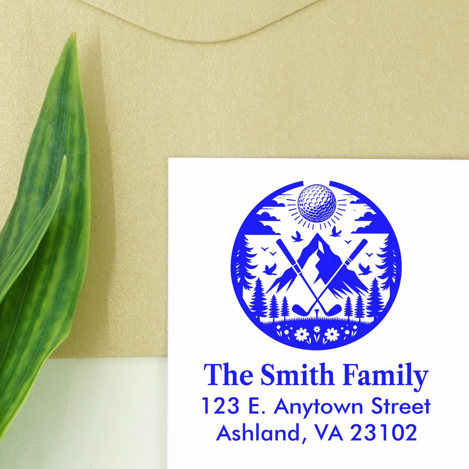 Custom return address rubber stamp with mountain golf logo for The Smith Family, Ashland, VA 23102