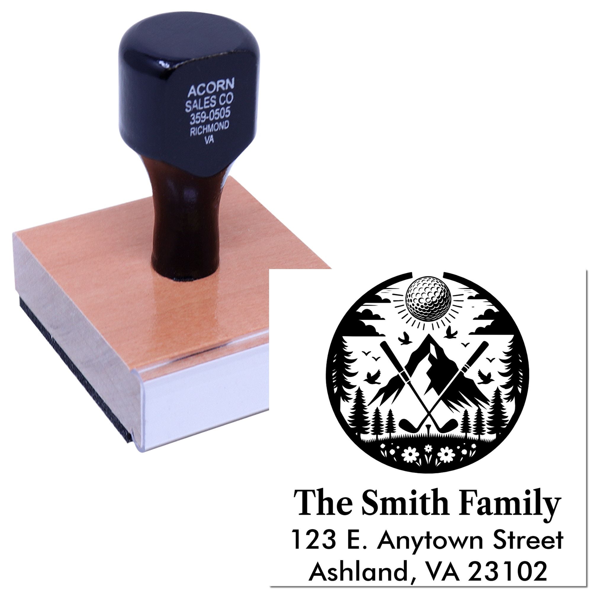 Custom wood handle rubber stamp with personalized return address and family golf logo imprint.