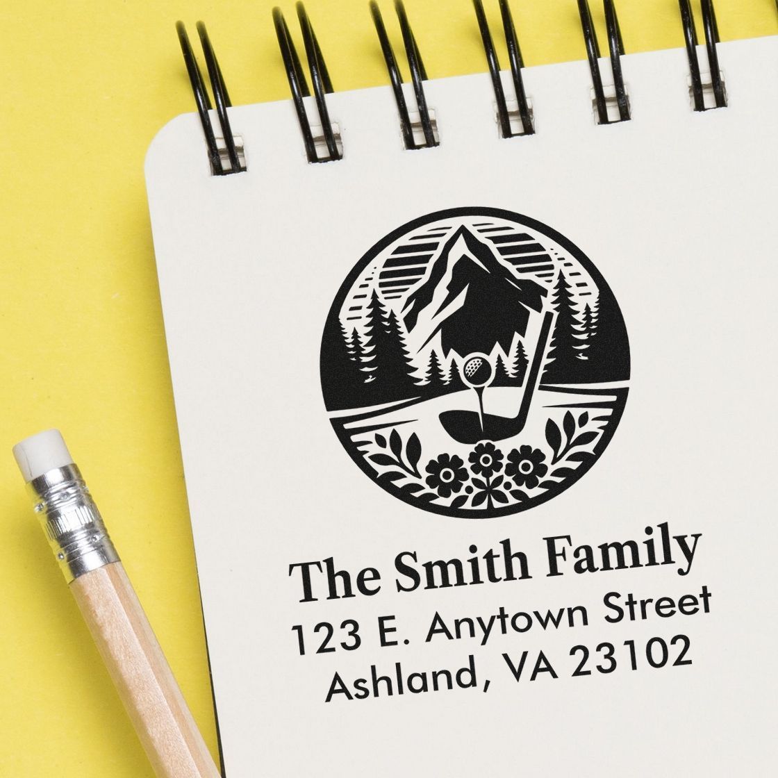 Custom family address rubber stamp design with mountain golf logo, showing The Smith Family name and mailing address.