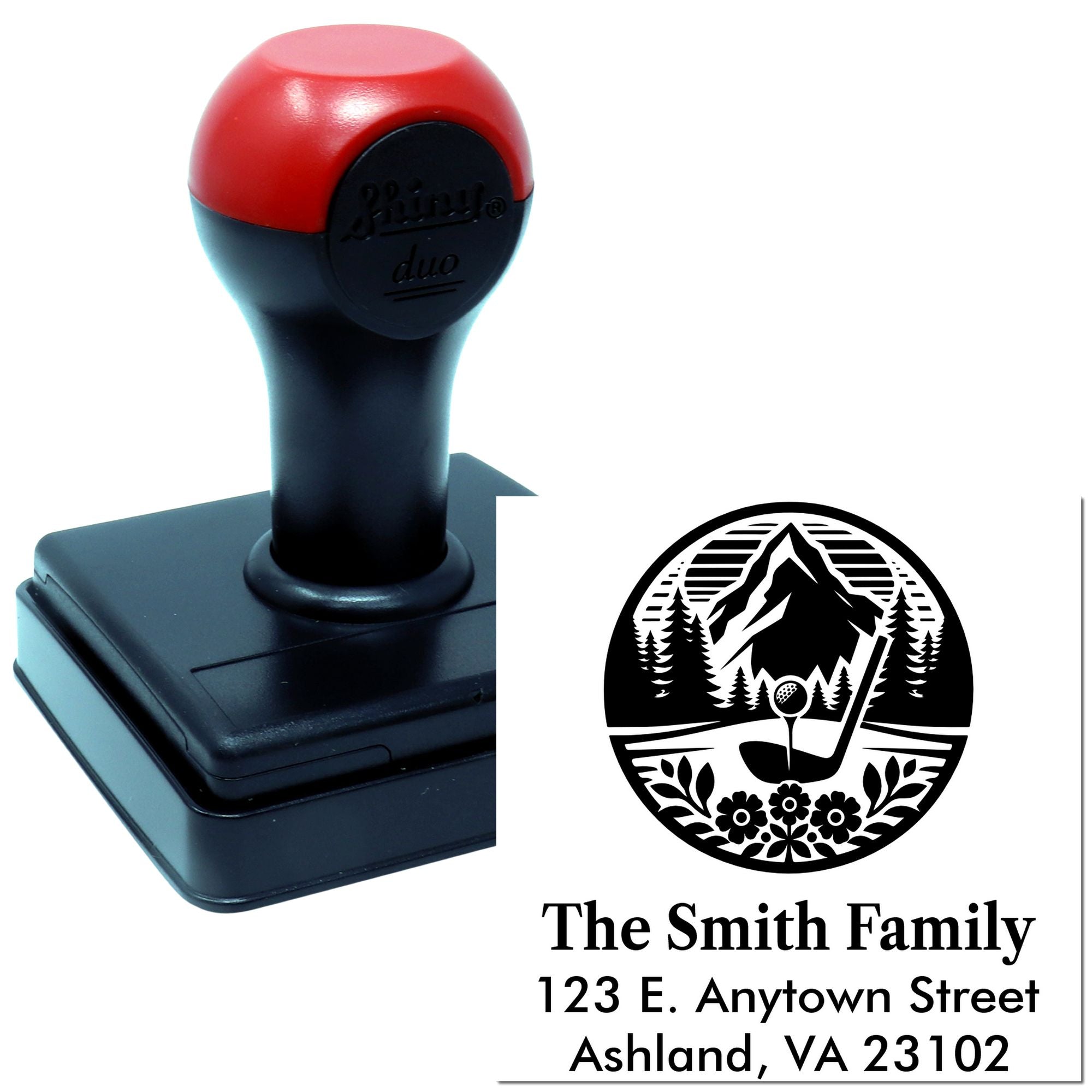 Custom self-inking rubber stamp with mountain golf logo and return address for The Smith Family, Ashland, VA 23102.