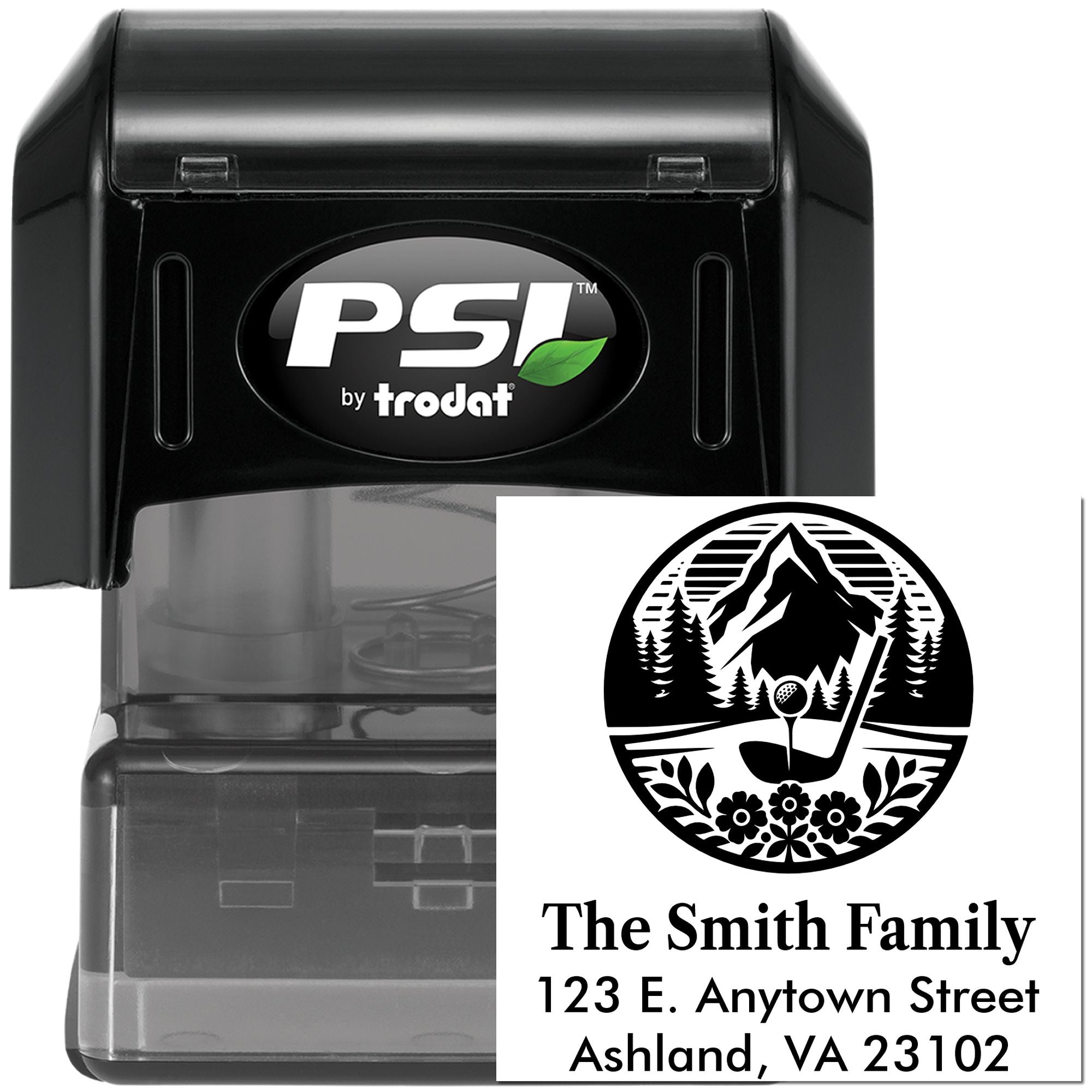 PSI by Trodat self-inking custom address rubber stamp with family golf logo for personalized mailing and branding