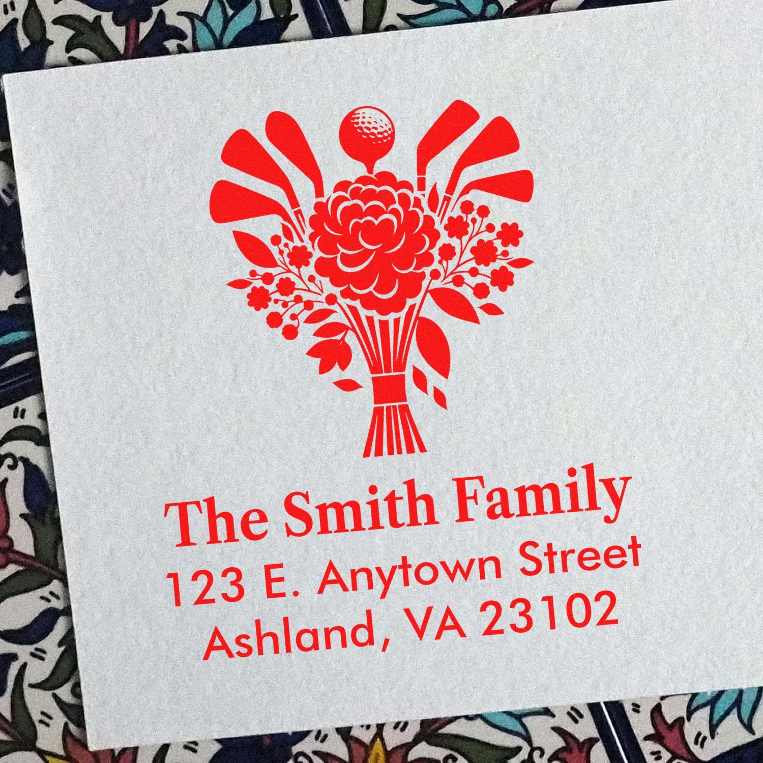 Custom family return address rubber stamp with floral bouquet design, featuring The Smith Family and Ashland, VA address.