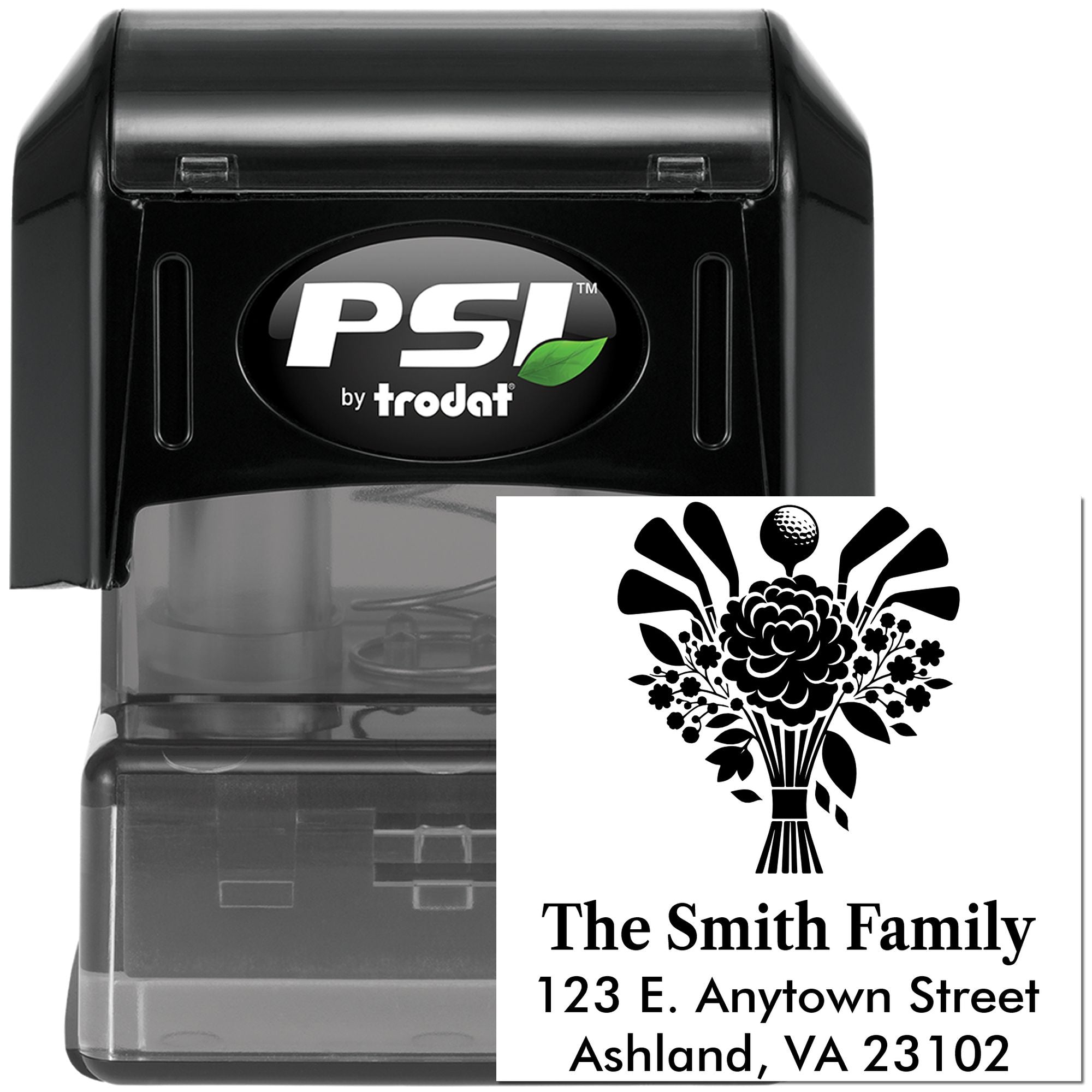PSI by Trodat custom self-inking address rubber stamp with floral bouquet design for family mail and stationery.