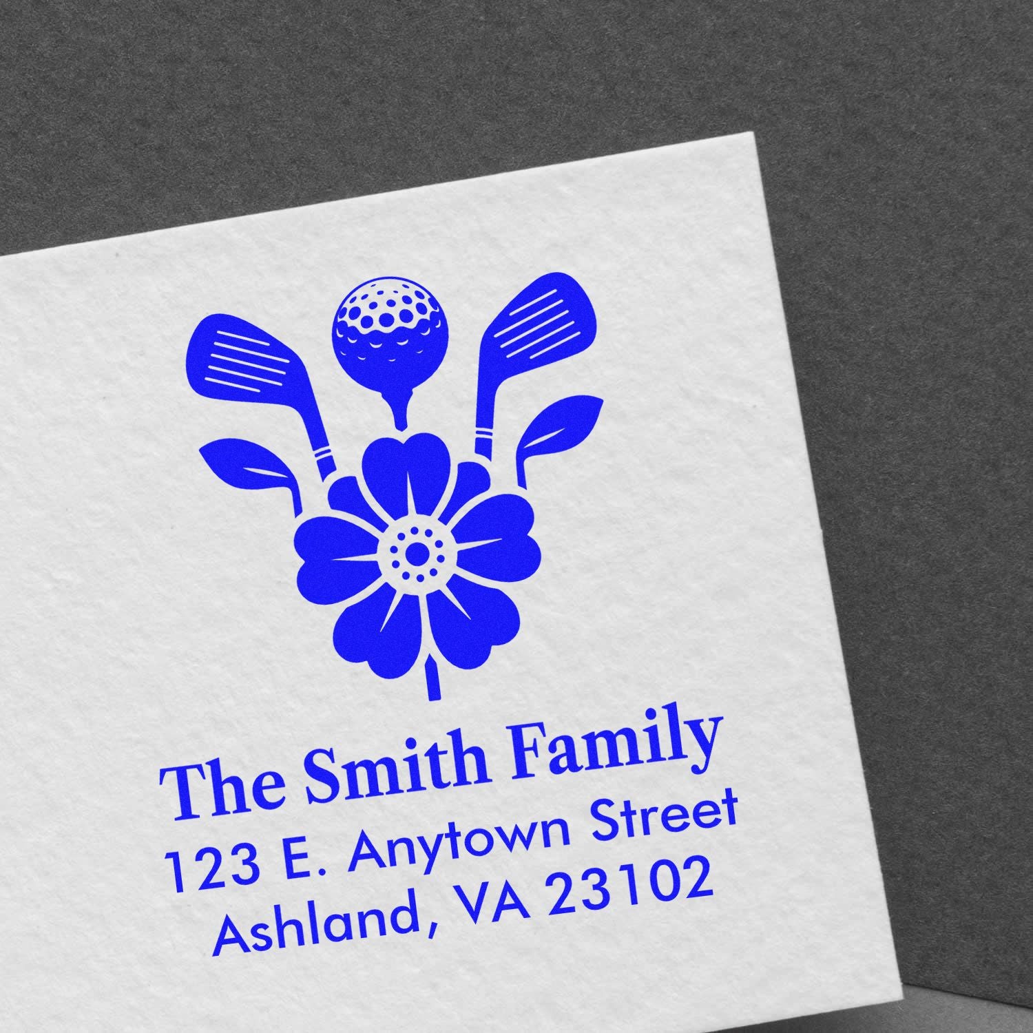 Personalized address rubber stamp with golf club and flower design for The Smith Family, Ashland, VA 23102