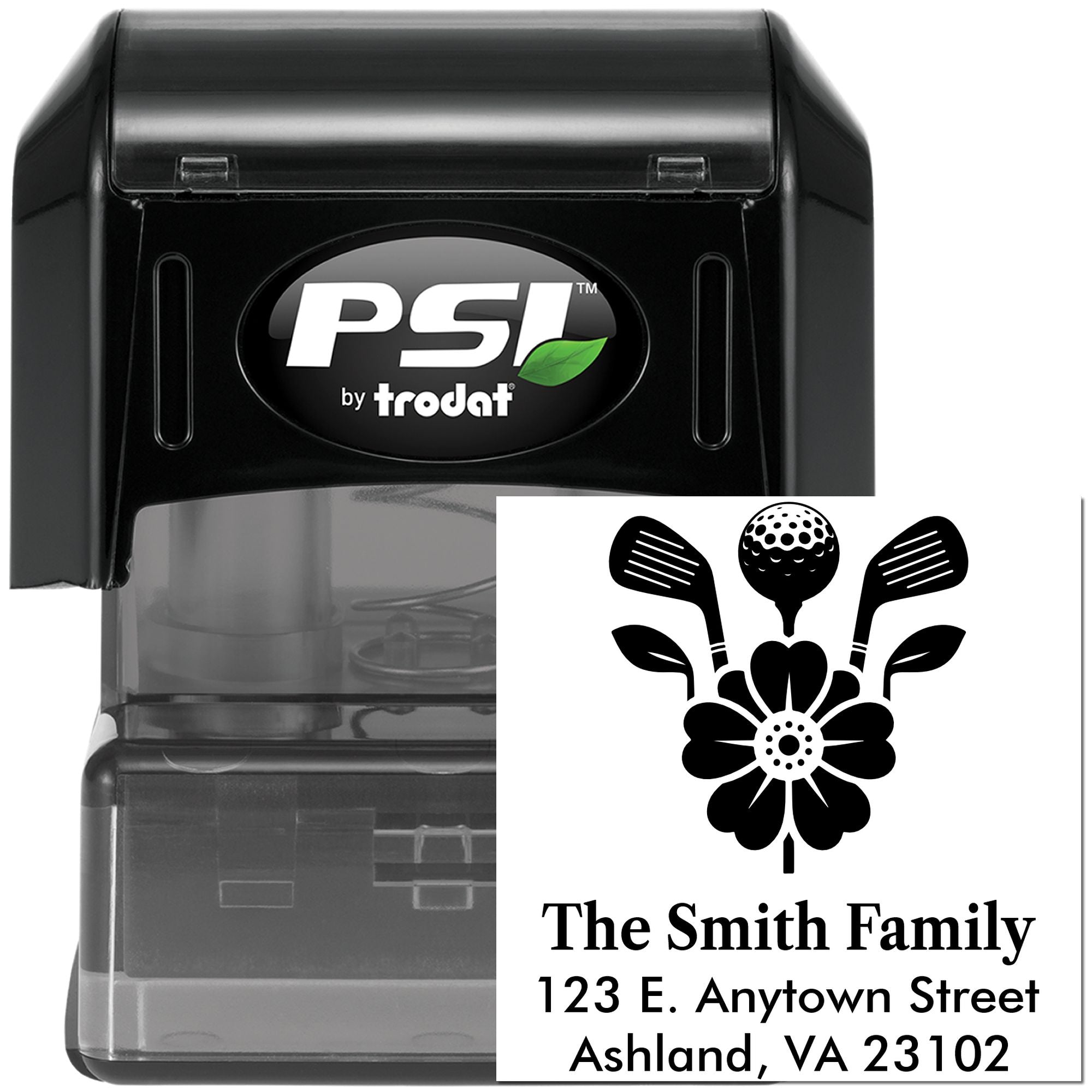 Custom self-inking rubber address stamp with floral golf design, personalized family name and address by PSI by Trodat.