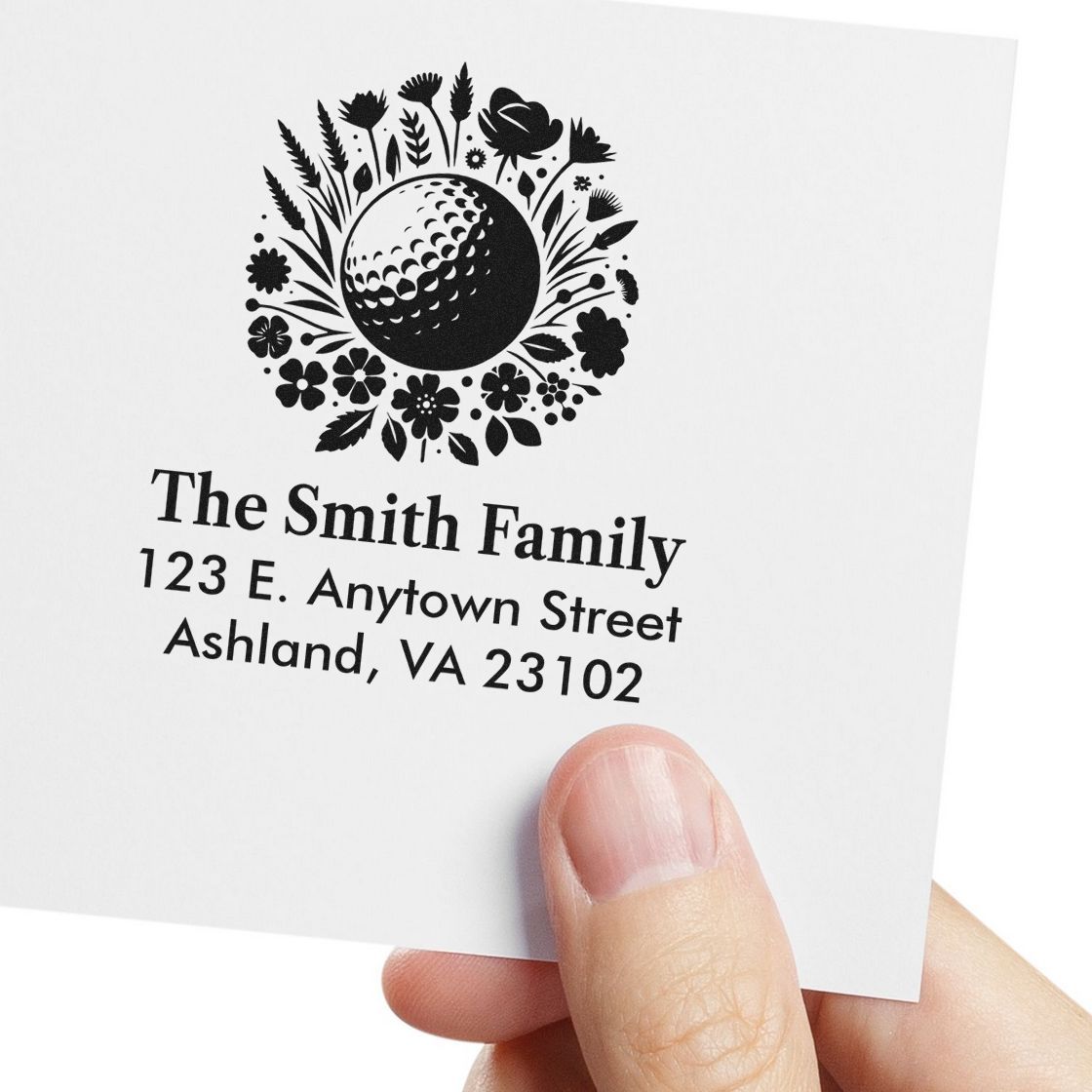 Custom family return address rubber stamp with floral golf ball design and personalized name, street address, city, and ZIP code.