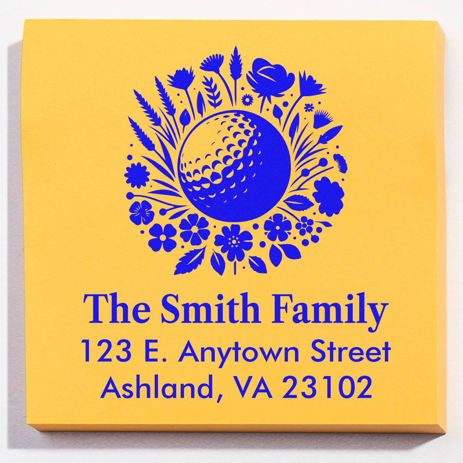 Custom golf ball floral return address rubber stamp for The Smith Family with name, street, and Ashland, VA address.