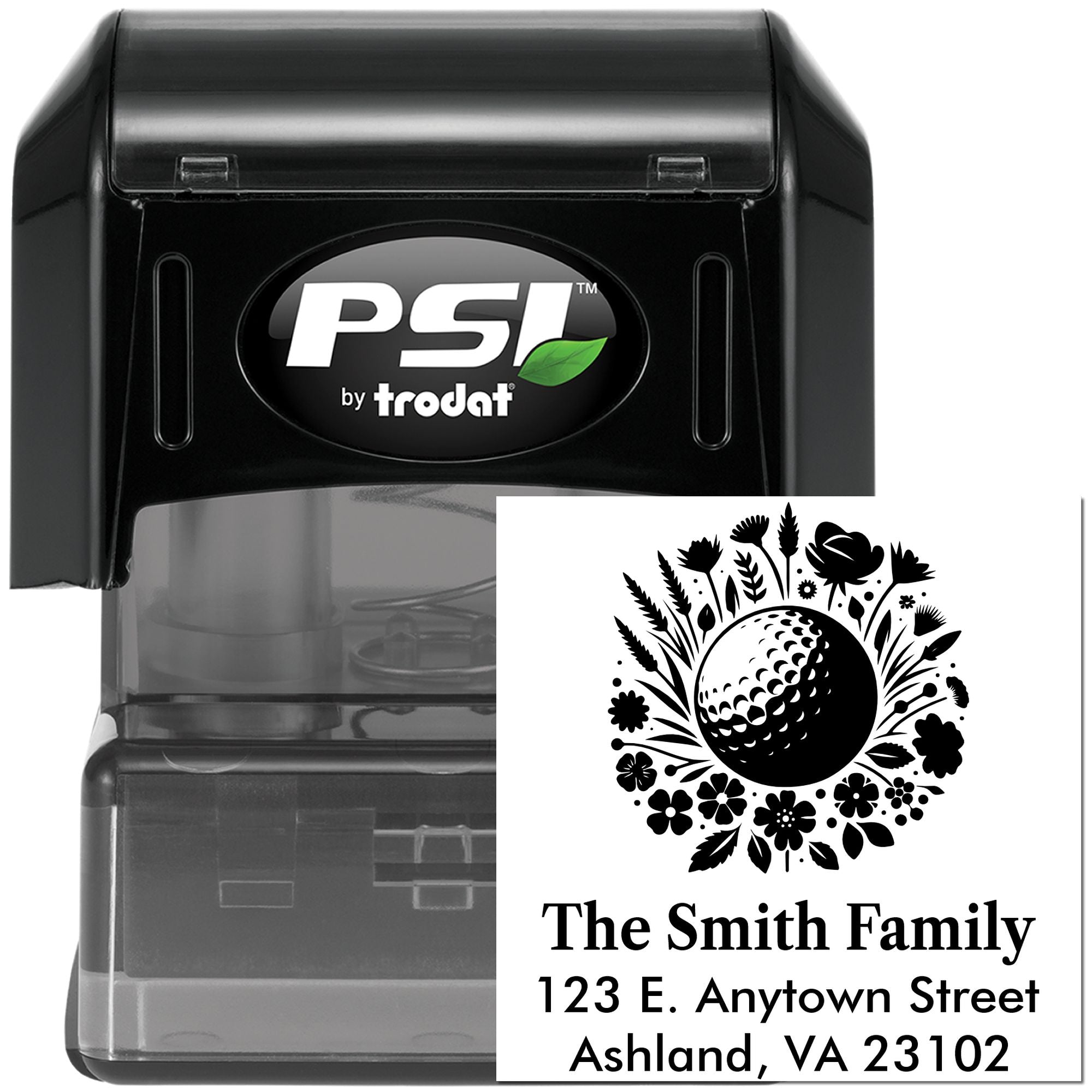 PSI by Trodat self-inking rubber stamp with custom golf ball floral address design for The Smith Family return address labels