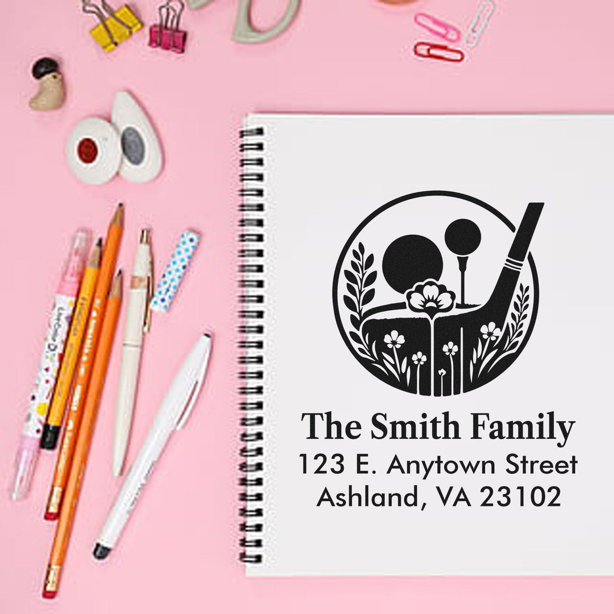 Custom family address rubber stamp with floral golf design for The Smith Family, 123 E. Anytown Street, Ashland, VA