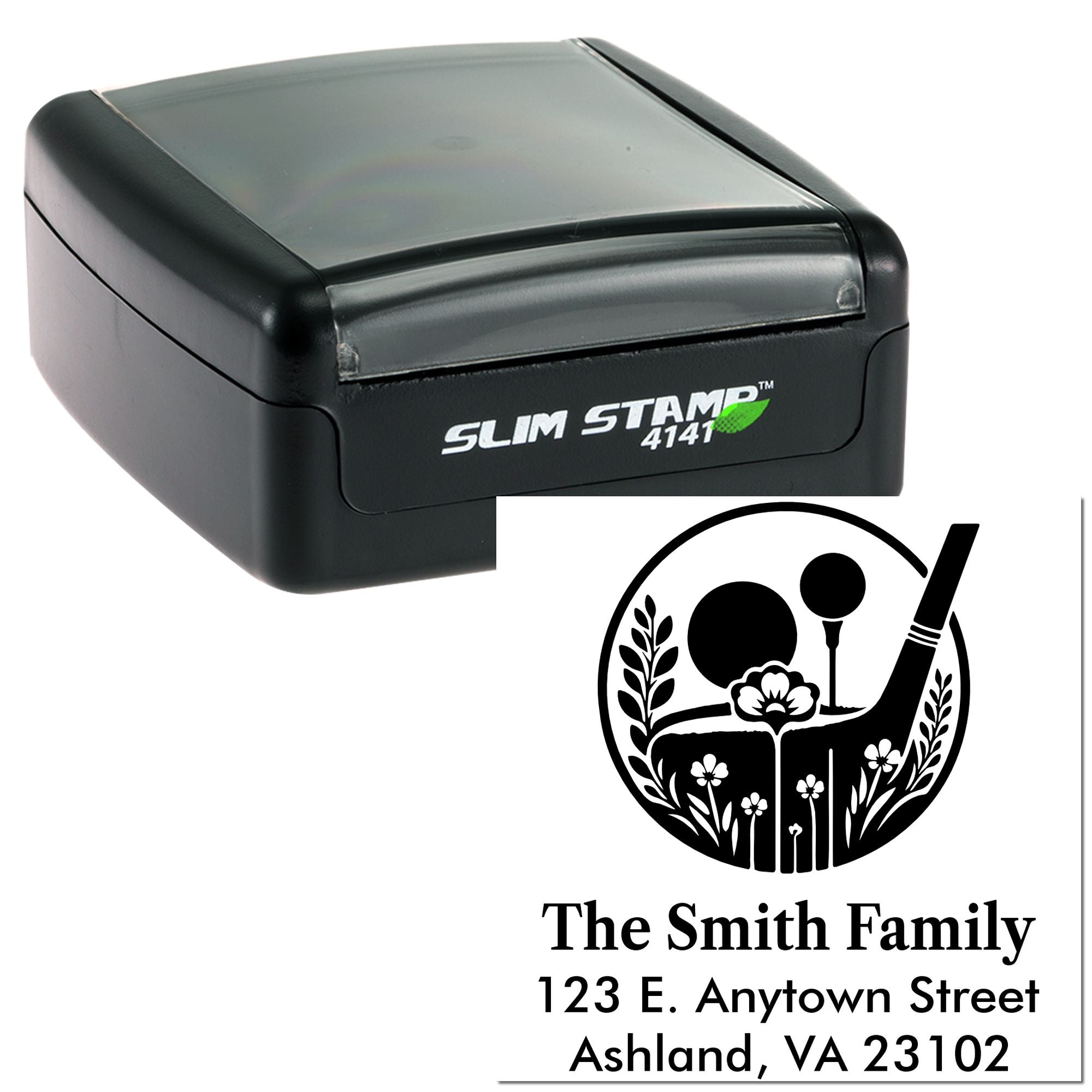 Custom self-inking rubber address stamp with golf family monogram design, The Smith Family, Ashland VA 23102