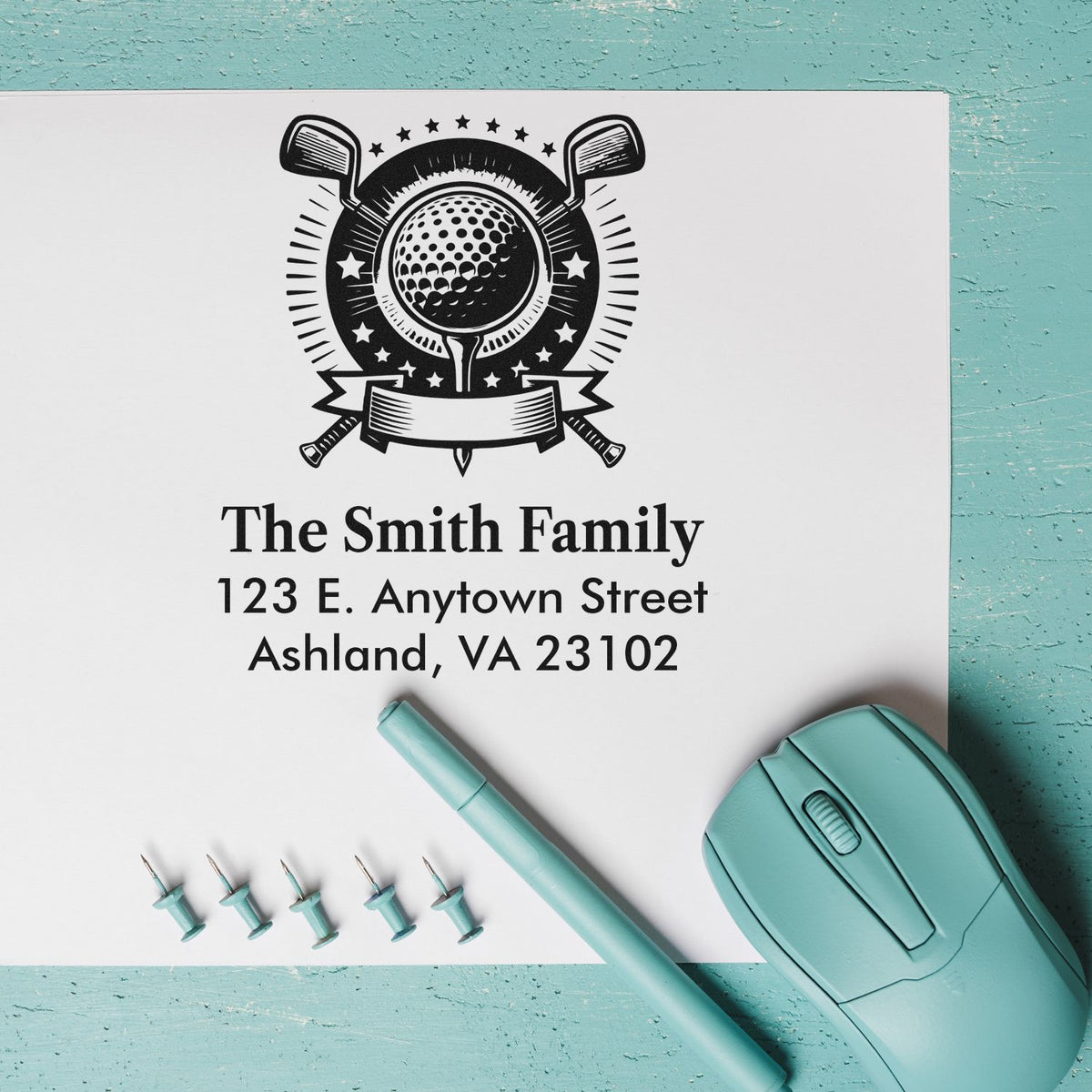 Personalized golf return address rubber stamp for The Smith Family with custom address and matching stamper tools.