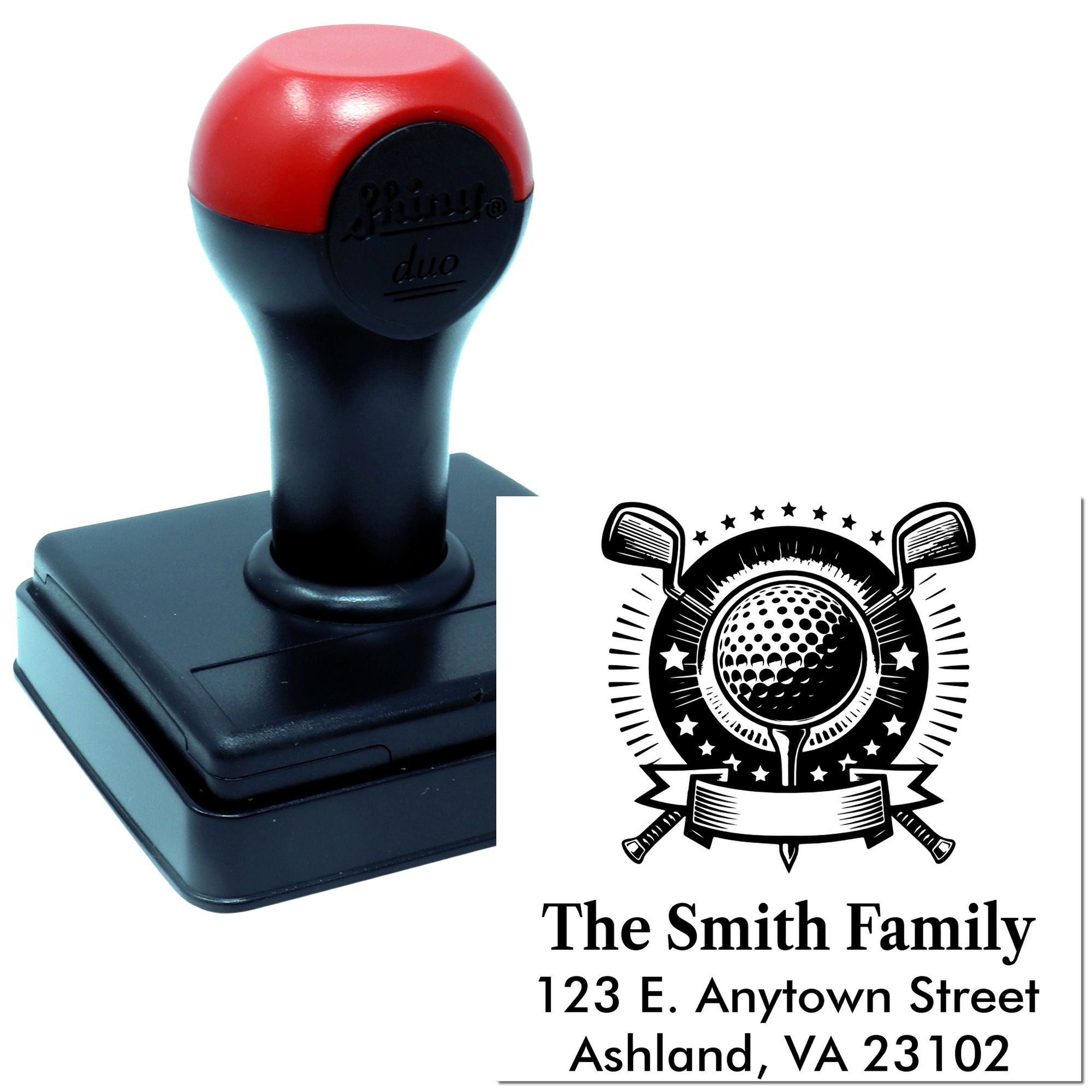 Personalized custom address rubber stamp with golf logo, family name, and return mailing address
