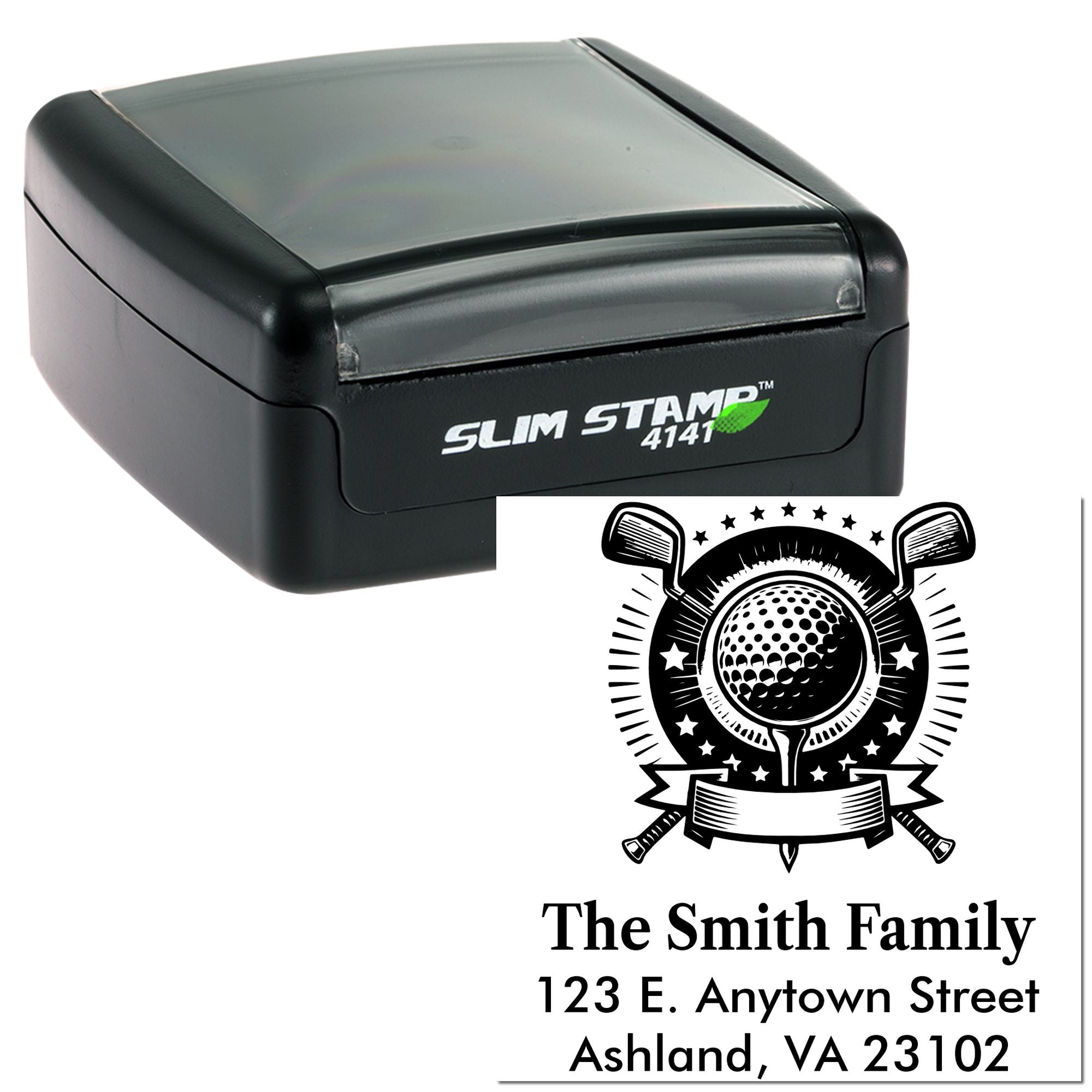 Slim Stamp 4141 self-inking rubber stamp with custom golf-themed family return address design and personalized address imprint