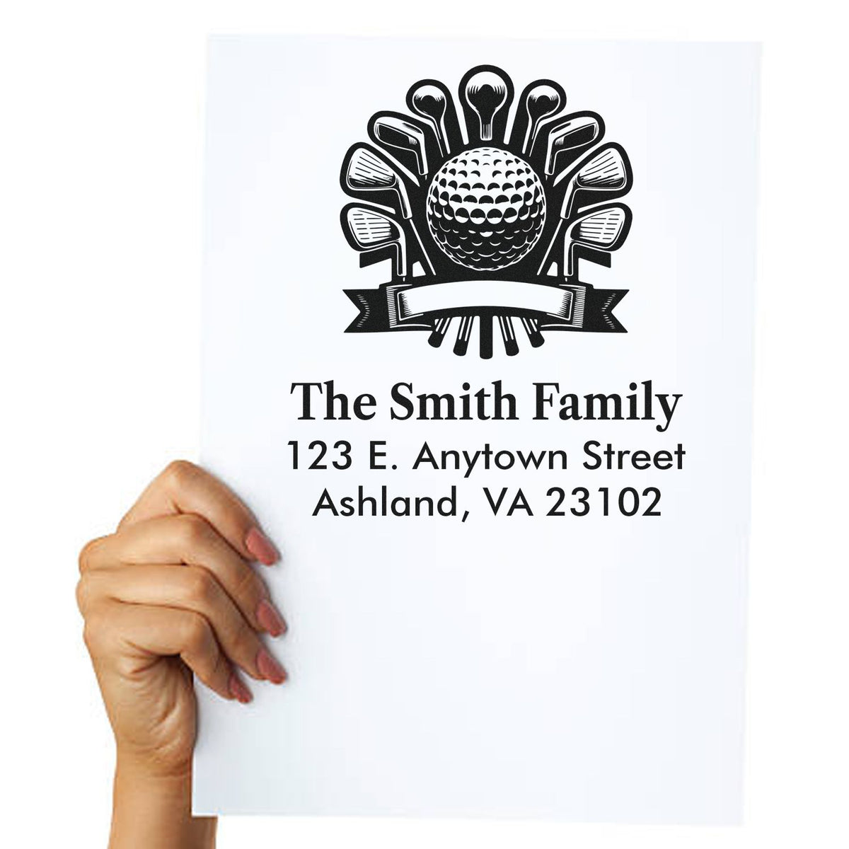 Personalized golf-themed return address rubber stamp for The Smith Family, with custom name and home address.