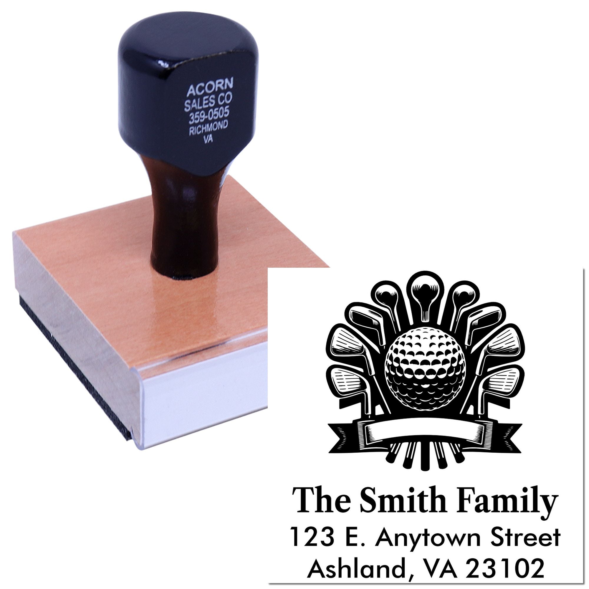 Custom self-inking rubber stamp with golf logo and personalized return address for family mailing.