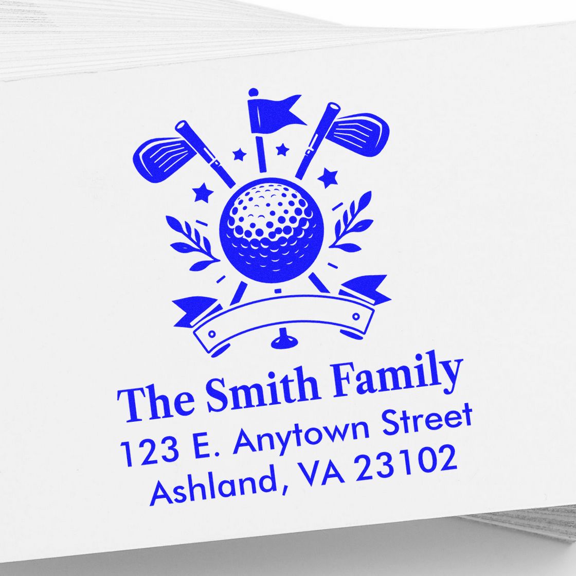 Custom golf-themed family address rubber stamp with golfer icons, name, street, city, and ZIP code.