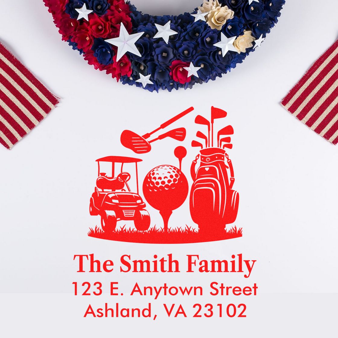 Custom family golf rubber stamp with golf cart, clubs and ball, personalized for The Smith Family address, Ashland VA.