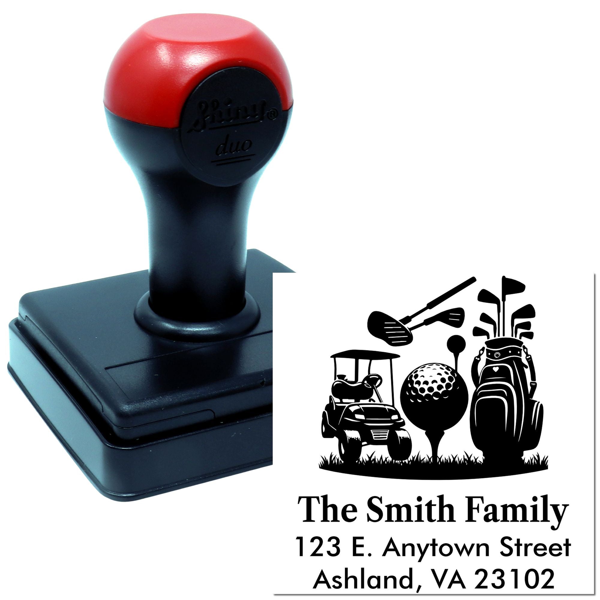 Custom self-inking rubber stamp with golf-themed family address imprint for personalized mail and stationery.