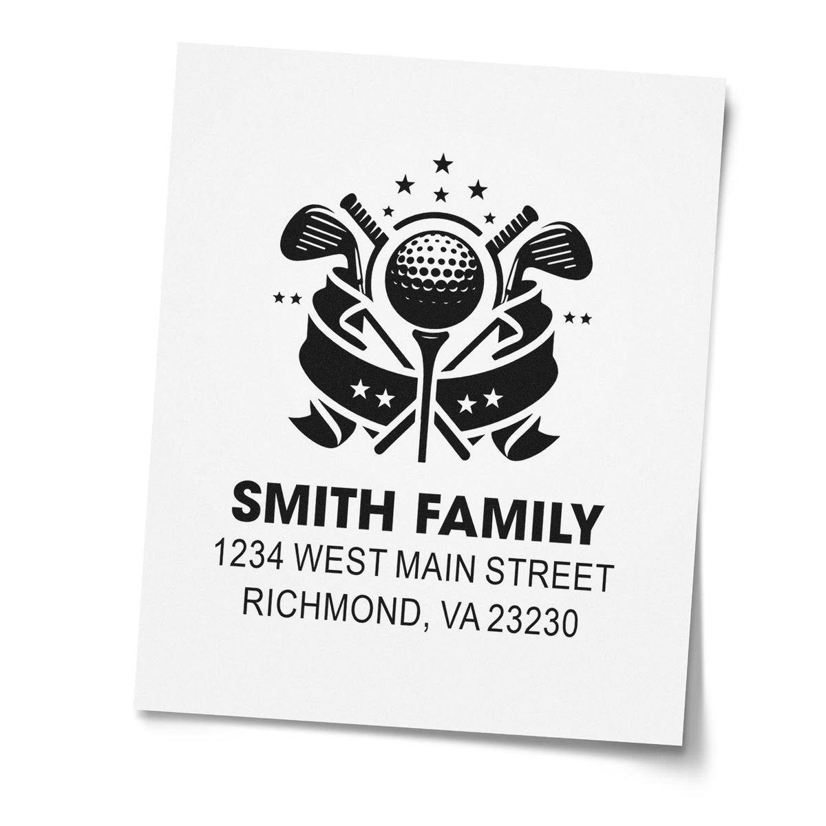 Personalized golf family return address rubber stamp with custom name and address for mailing envelopes.