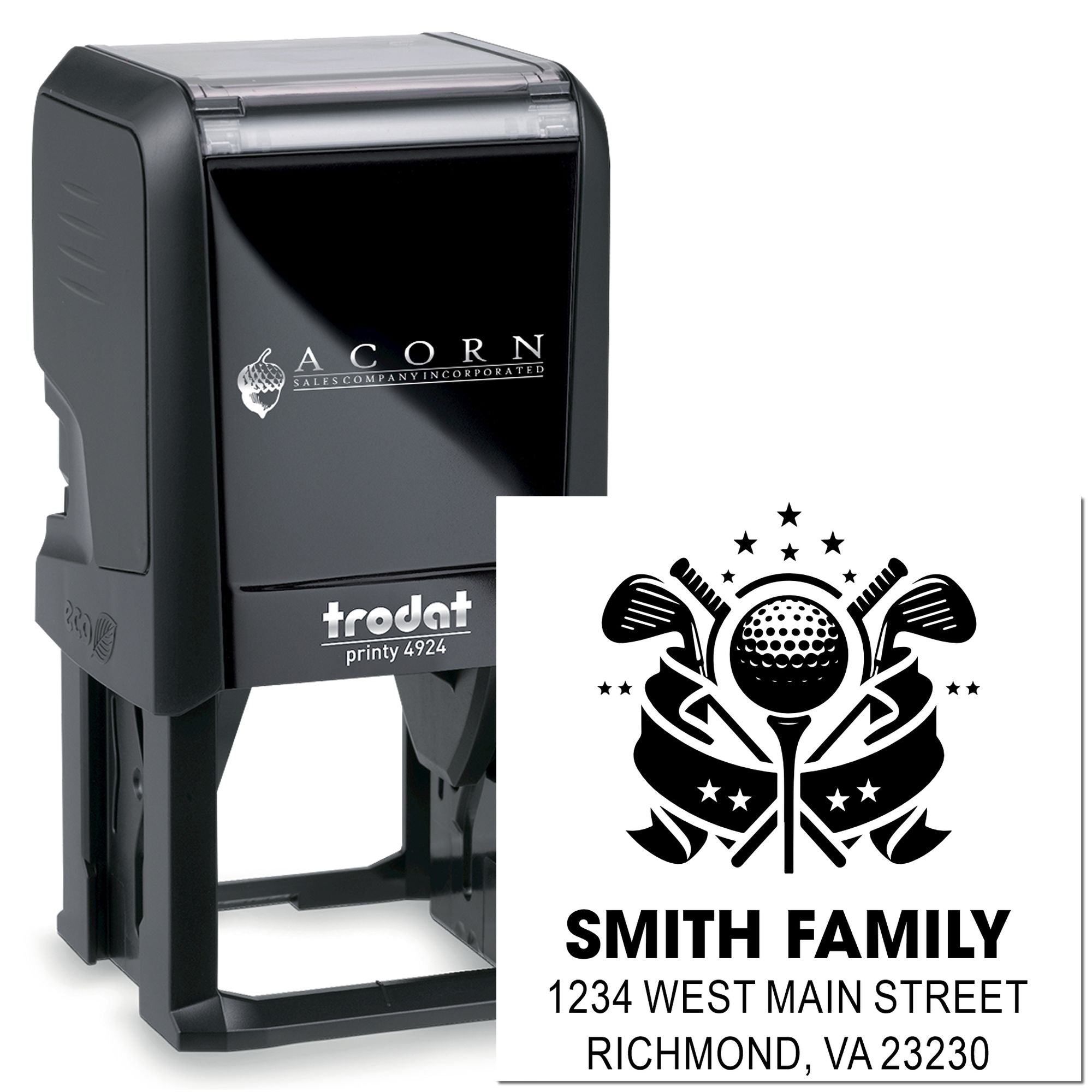 Custom self-inking Trodat Printy 4924 address stamp with family golf design and Smith Family return address, Richmond VA