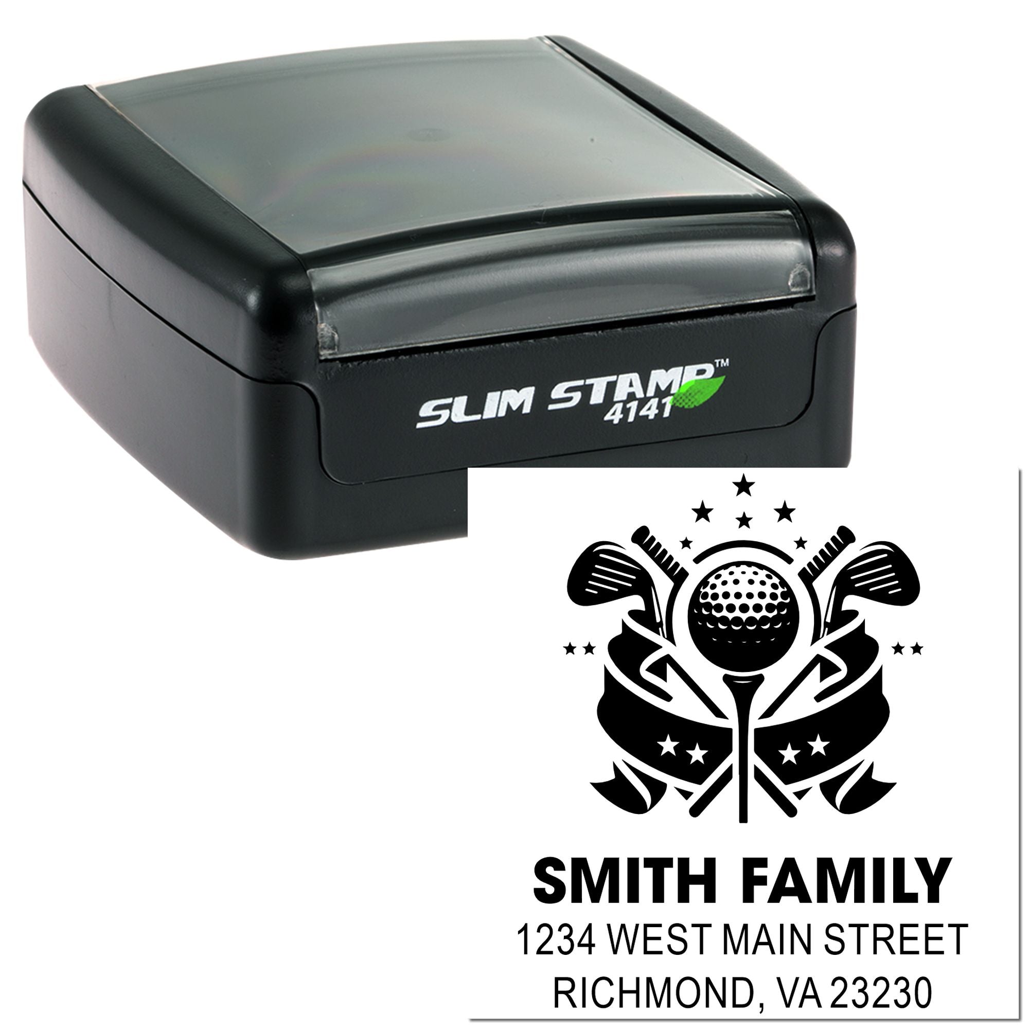 Slim Stamp 4141 custom self-inking rubber stamp with golf family logo and return address for personalized mailing.