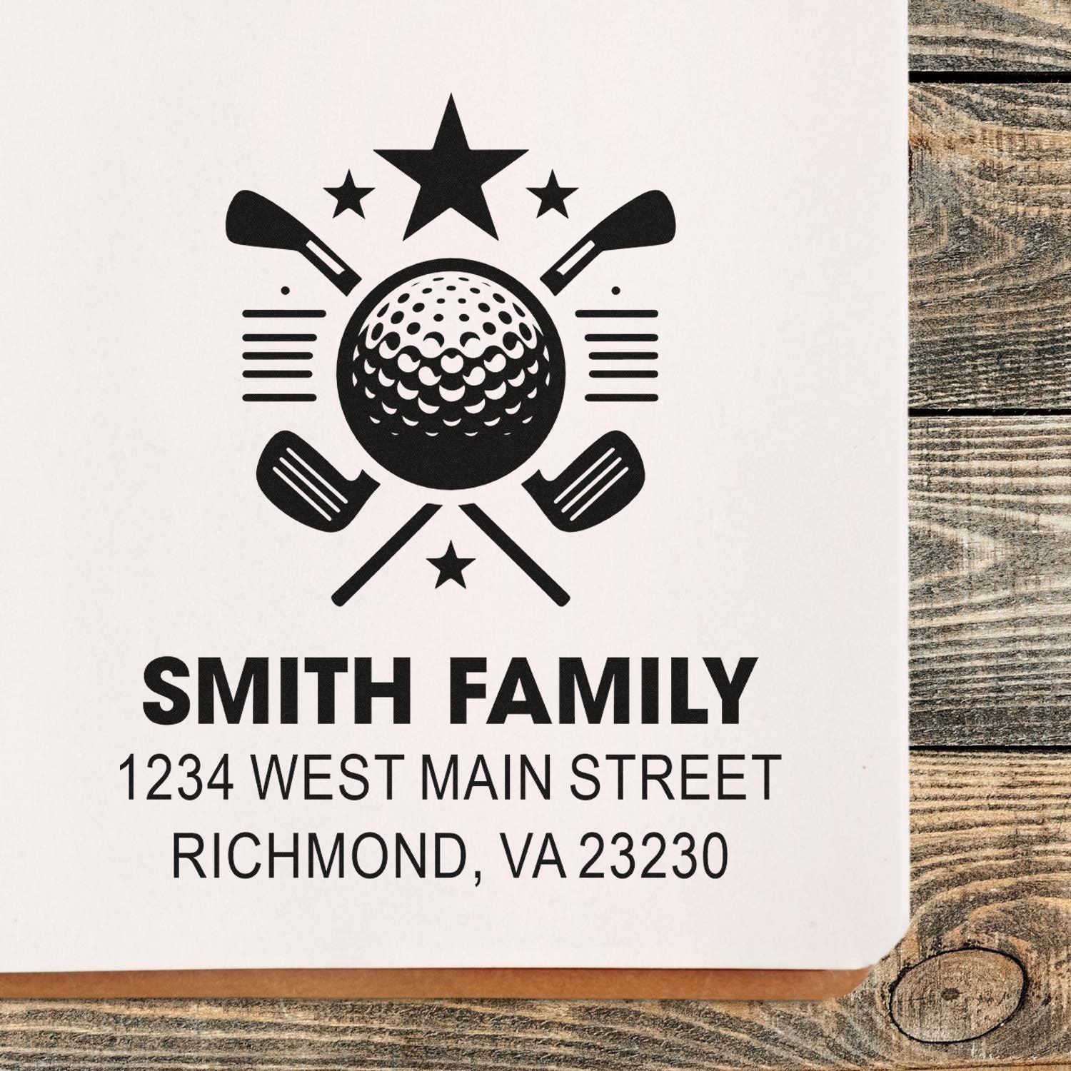 Custom golf return address rubber stamp with golf ball, clubs, stars, and Smith family name and address.