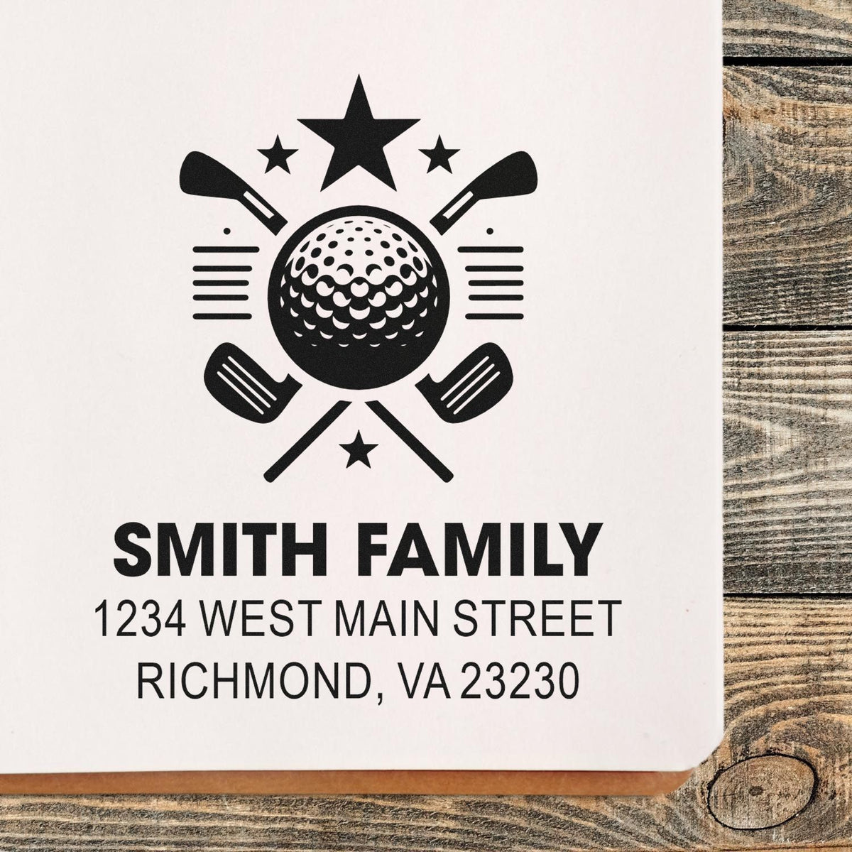 Custom golf-themed return address rubber stamp for Smith Family with name and Richmond, VA address.