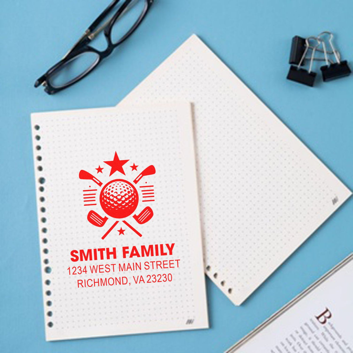 Custom golf family return address rubber stamp imprint on notebook, featuring Smith Family name and address.