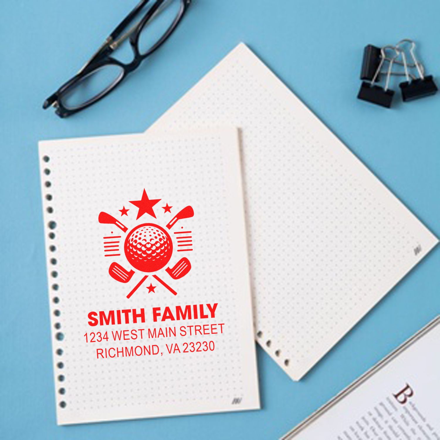 Personalized golf return address rubber stamp for Smith Family, featuring custom address imprint on stationery.