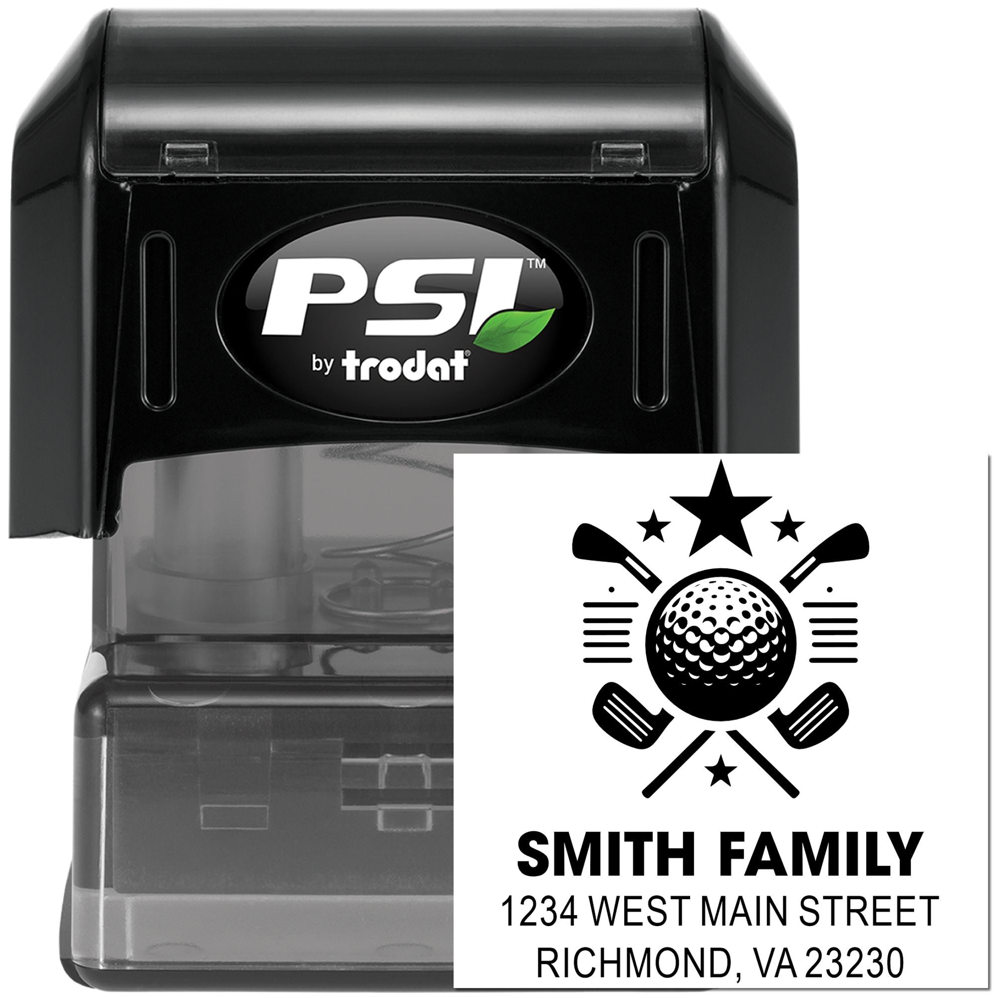 Custom golf address rubber stamp with Smith Family name and Richmond, VA address, PSI by Trodat self-inking stamp