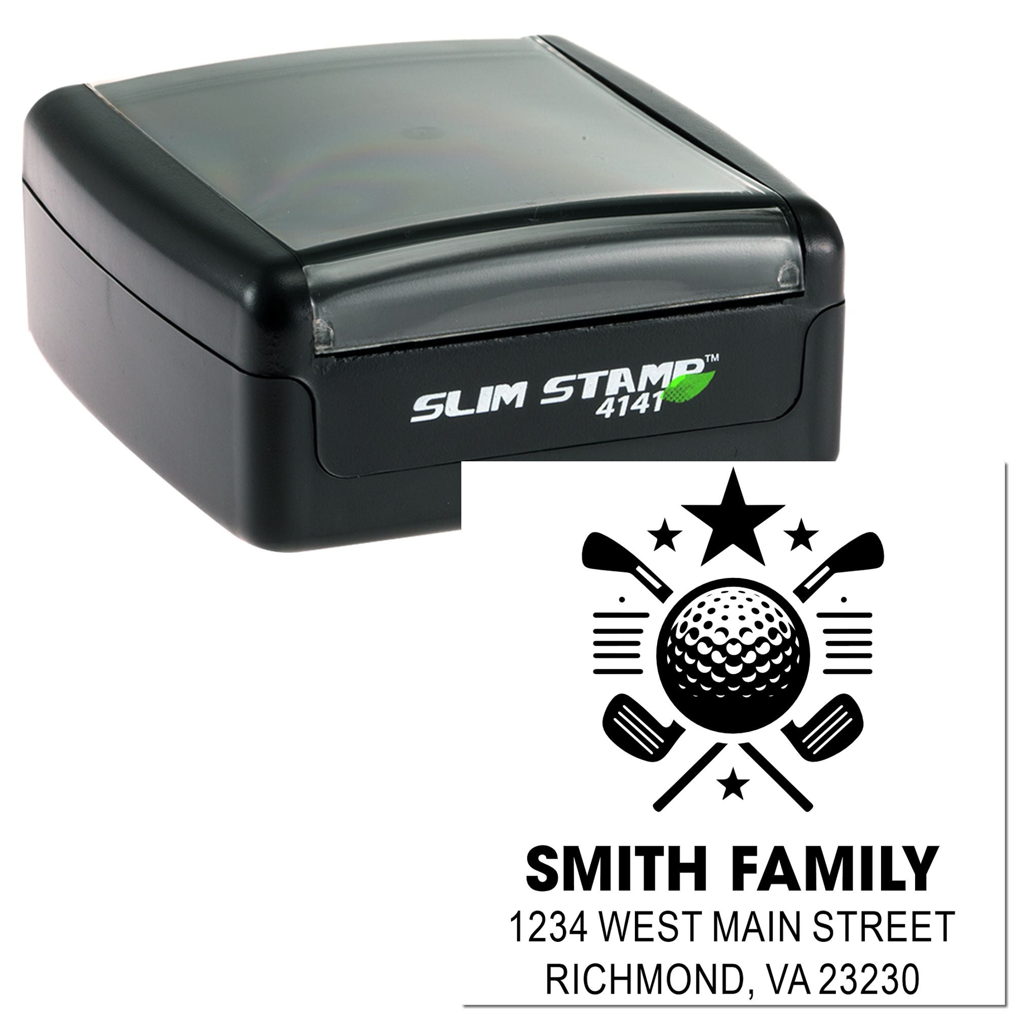Custom self-inking rubber stamp with golf family return address design and Slim Stamp 4141 case.