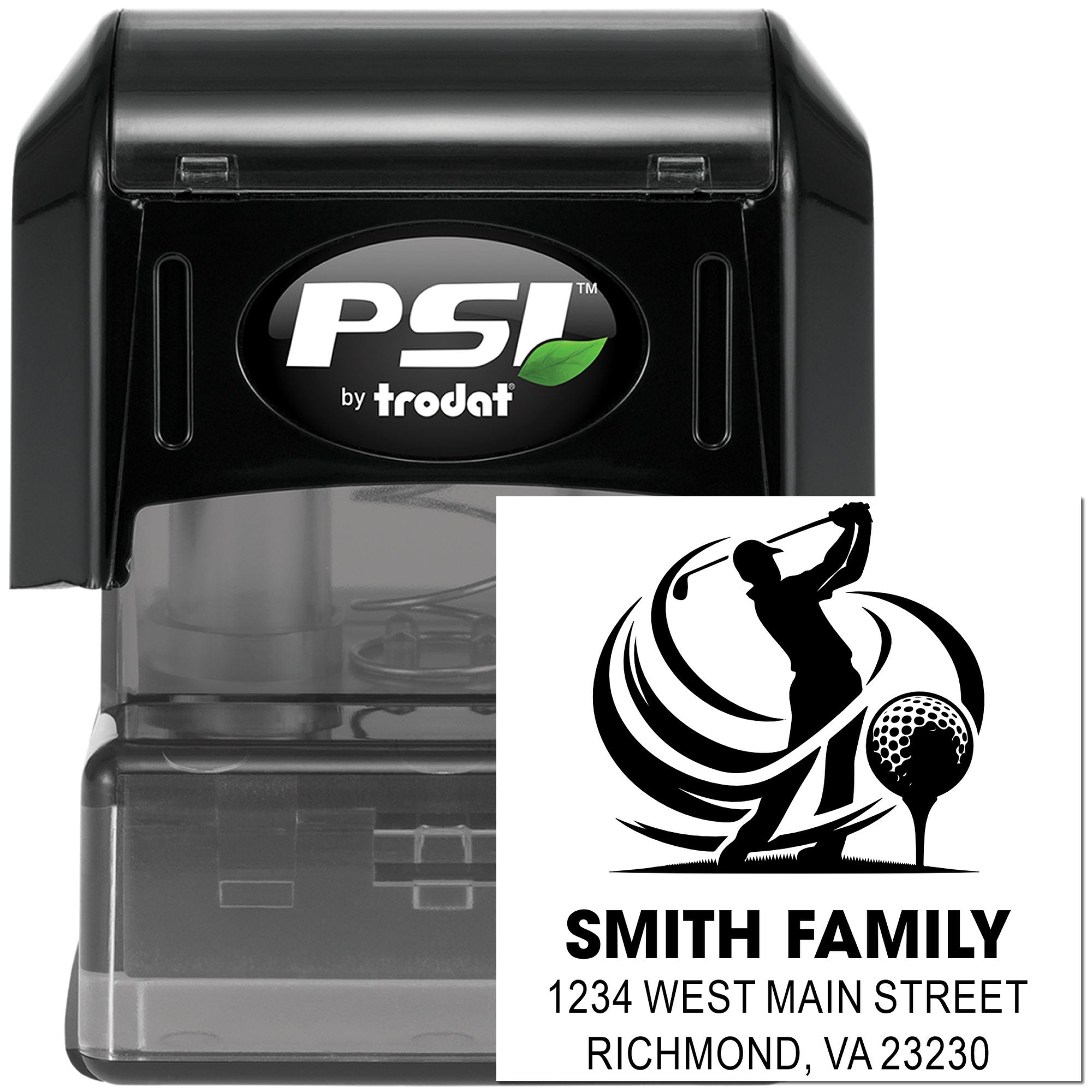PSI by Trodat self-inking custom address rubber stamp with golf family return address design and personalized imprint sample