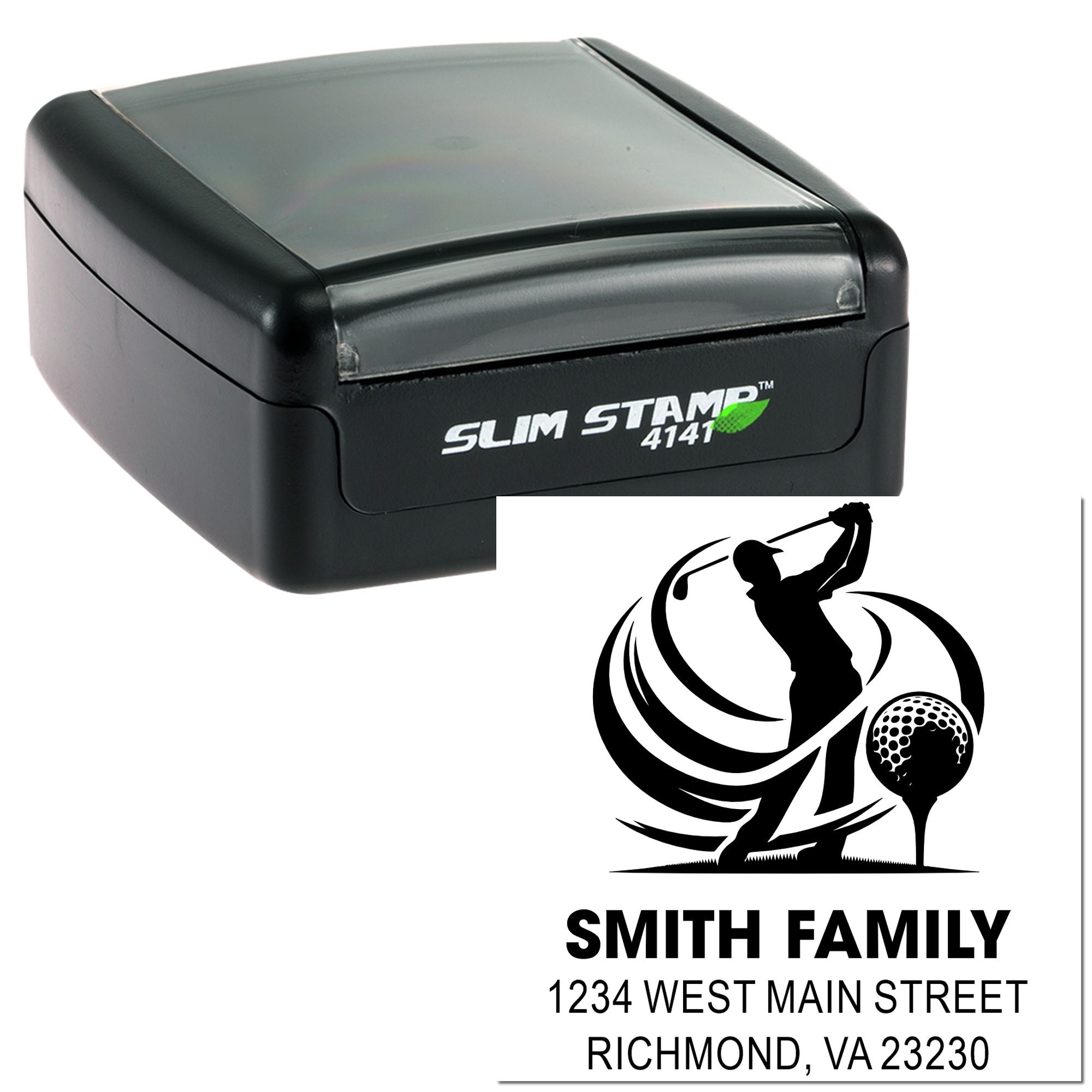 Custom golf return address rubber stamp with Smith Family address, shown in a Slim Stamp self-inking case