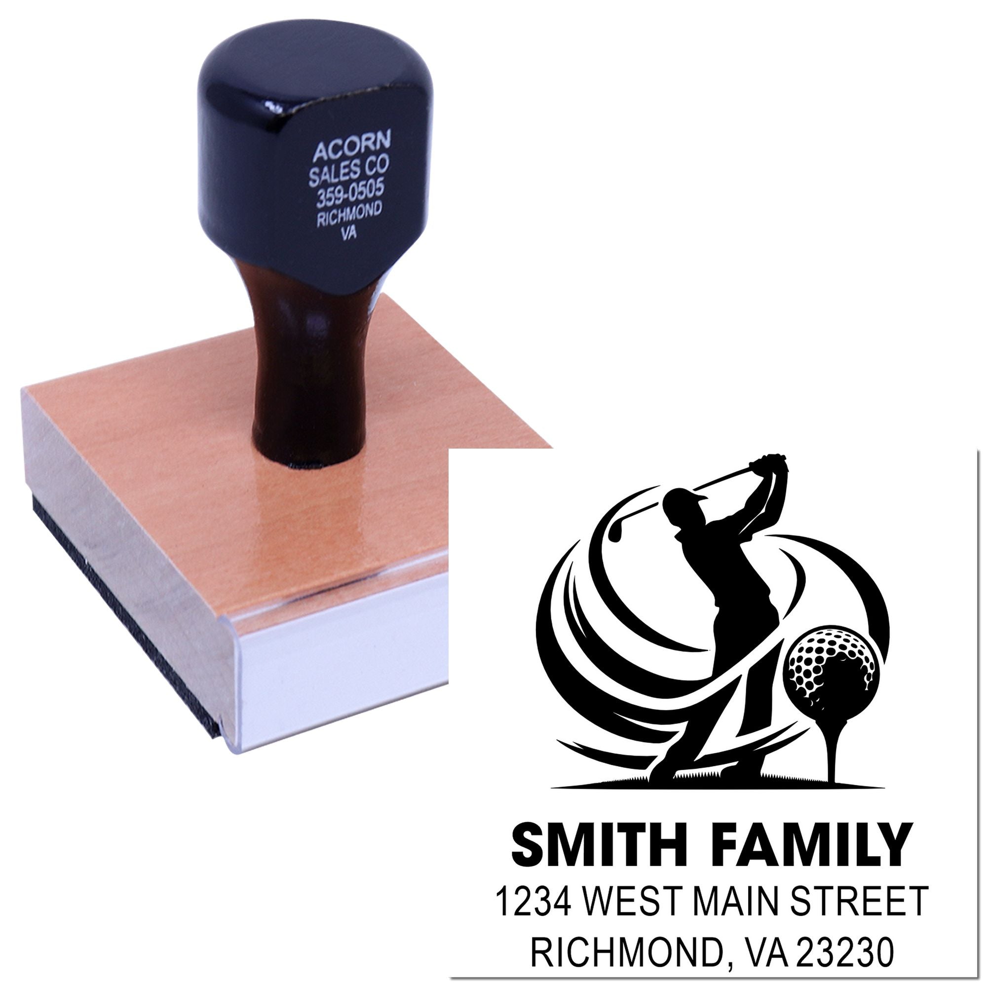 Custom golf return address rubber stamp with golfer silhouette, Smith family name, and Richmond, VA address for personalized mailings.