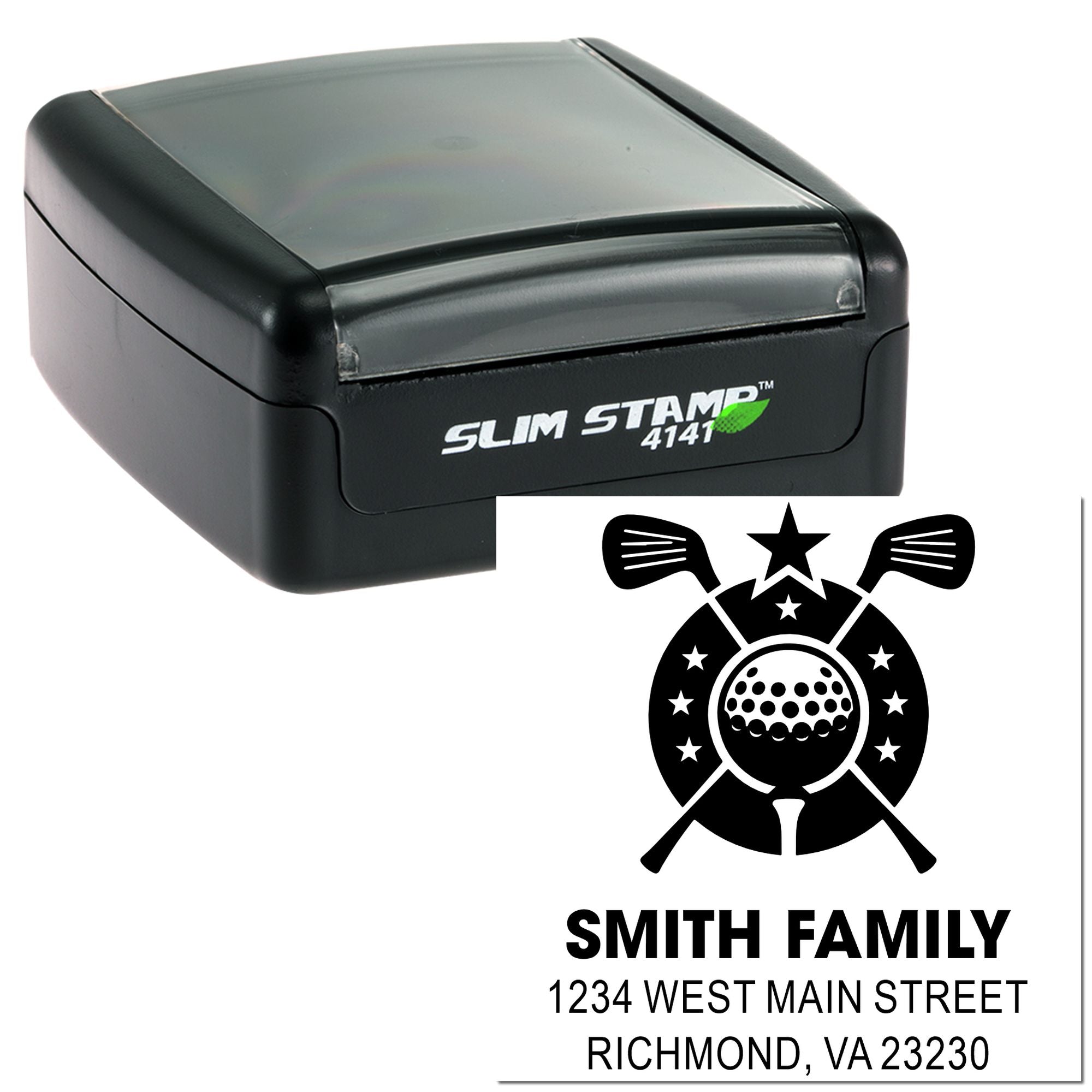 Custom self-inking rubber stamp with golf logo and Smith Family address, ideal for personalized return mailing.