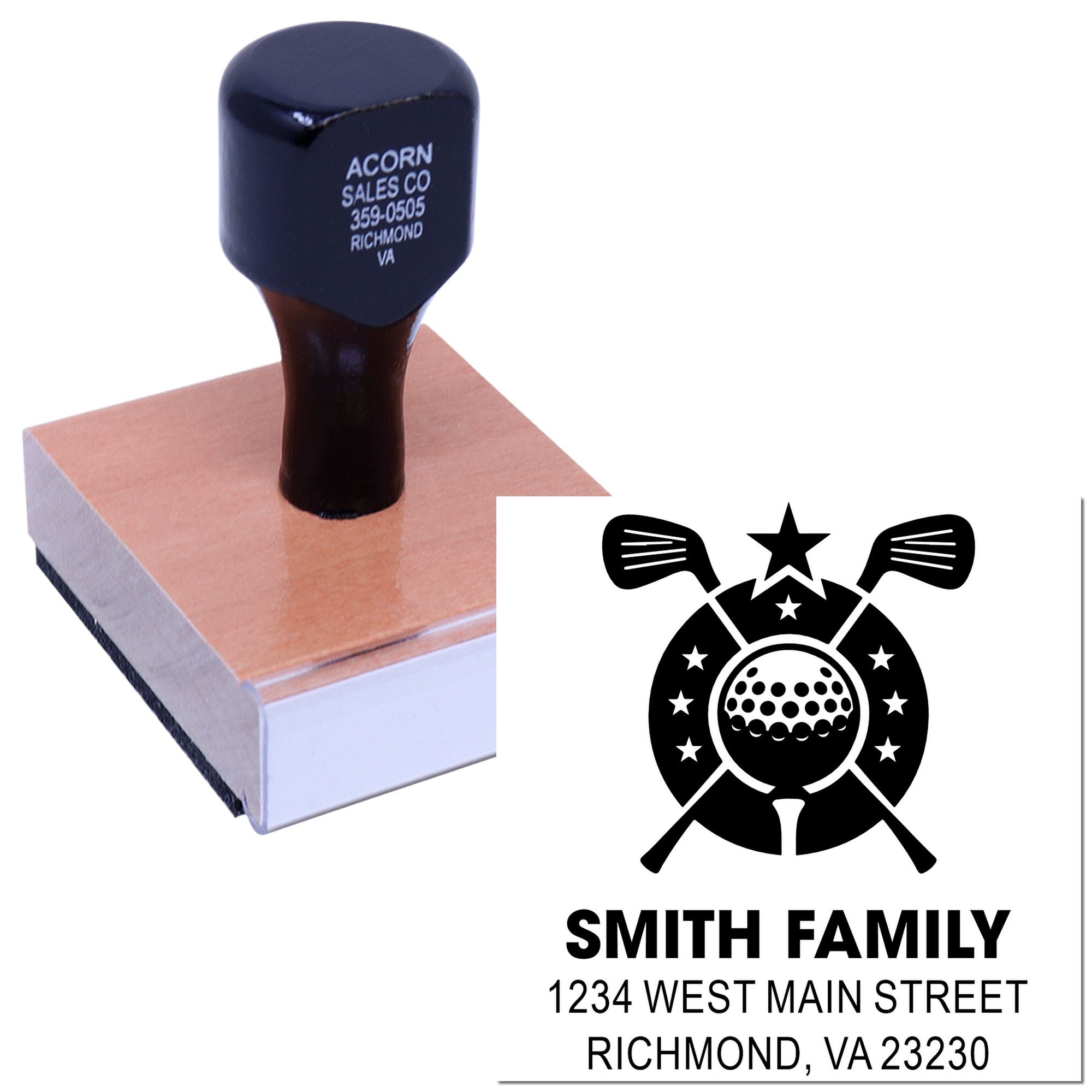 Custom family address rubber stamp with golf logo design and return address for Smith Family in Richmond, VA.