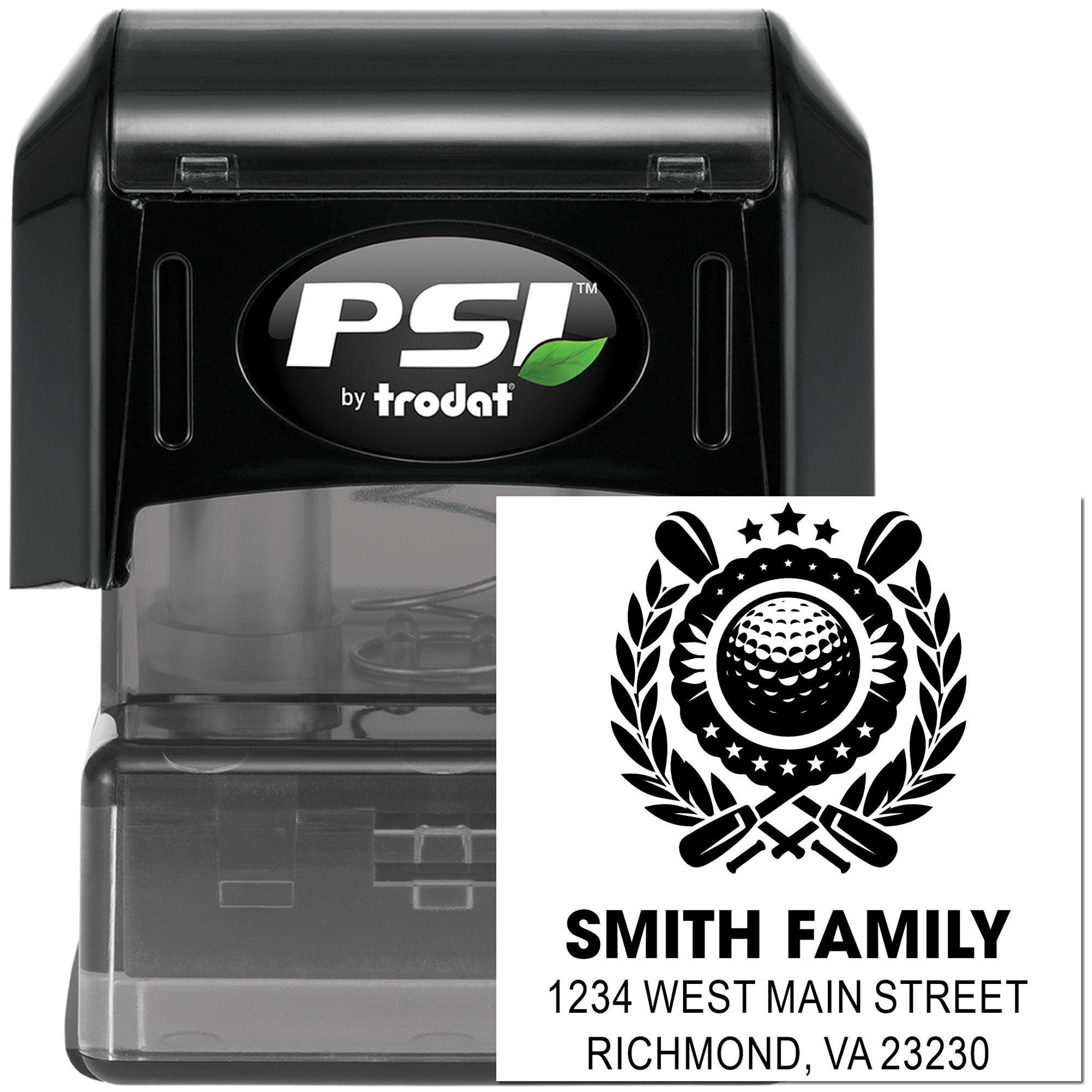 Custom self-inking rubber address stamp with Smith family monogram and return address for personalized mailing.