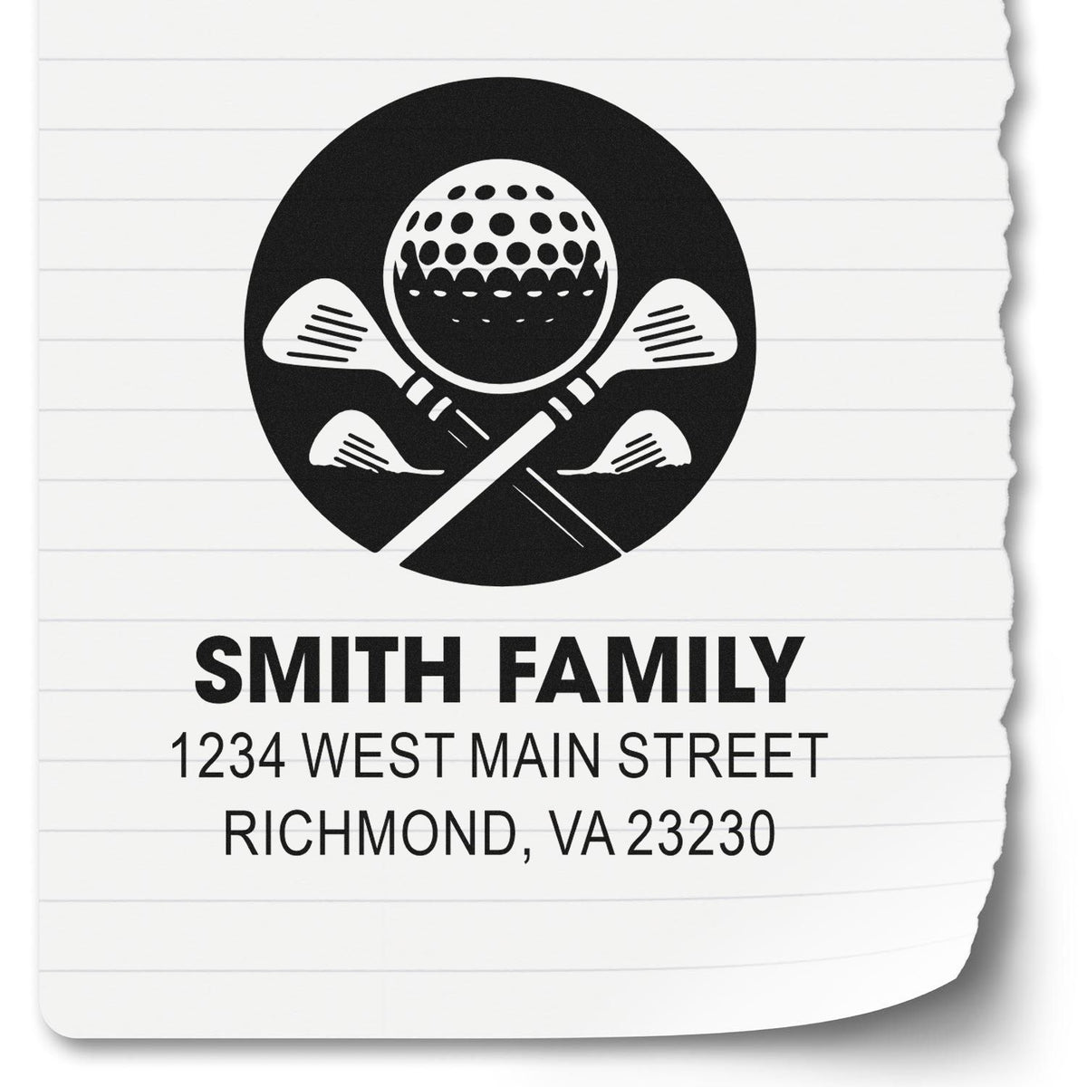 Custom golf return address rubber stamp for Smith Family with crossed clubs, personalized address, Richmond, VA 23230.