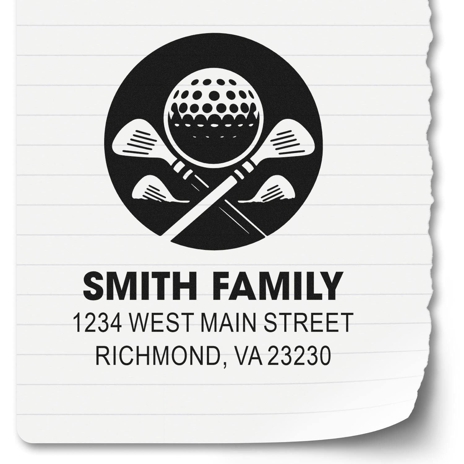 Custom Smith Family golf return address rubber stamp with crossed clubs and personalized Richmond, VA address
