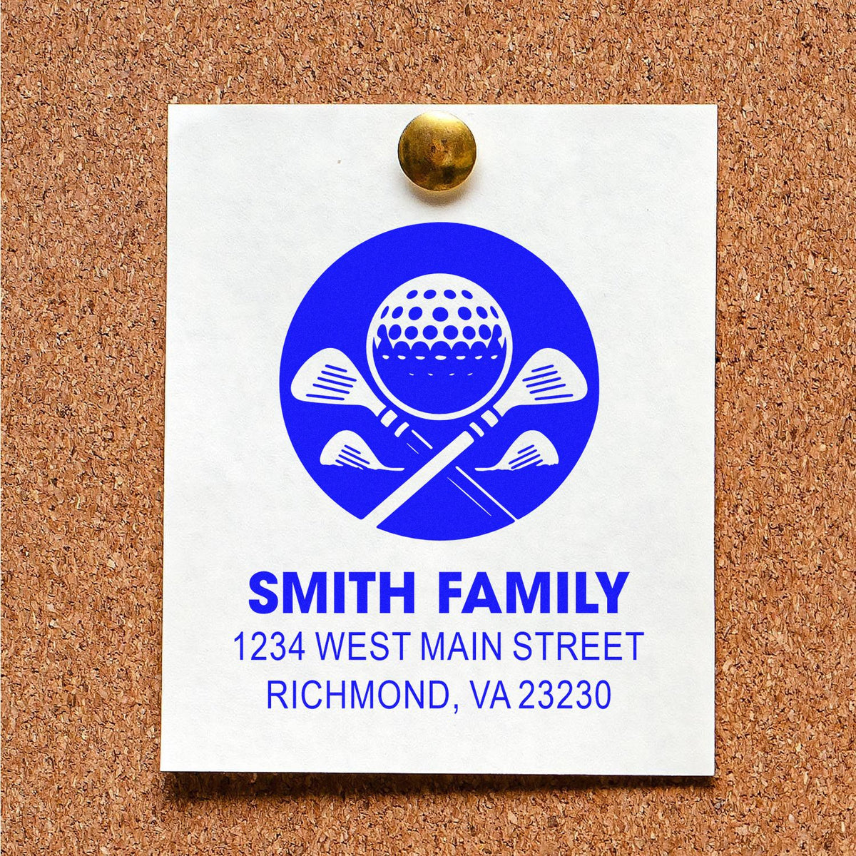 Custom golf-themed address stamp for Smith Family with Richmond, VA mailing address.