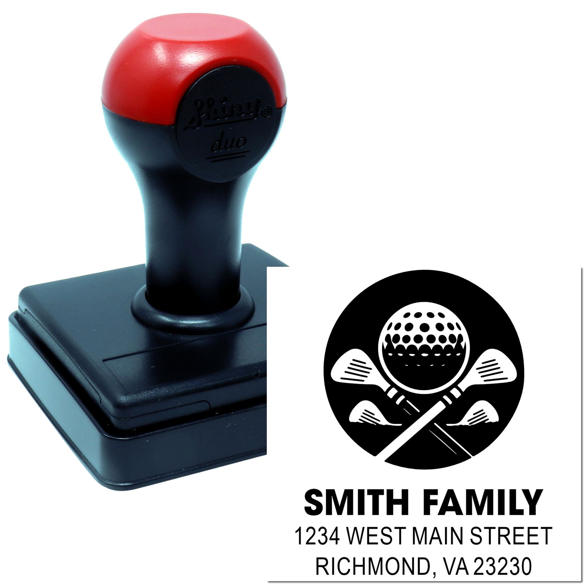 Self-inking custom return address rubber stamp for a golf family, featuring Smith Family and Richmond, VA.