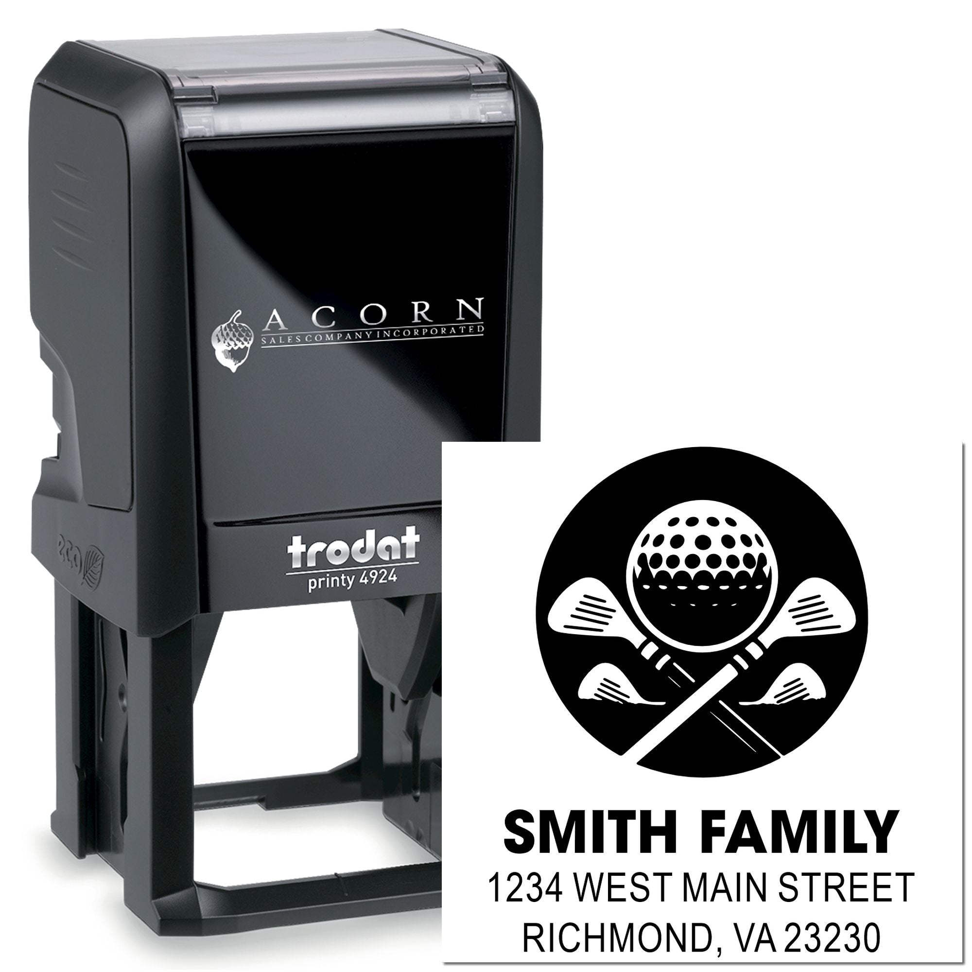 Personalized self-inking rubber address stamp with golf family logo for custom return address use.