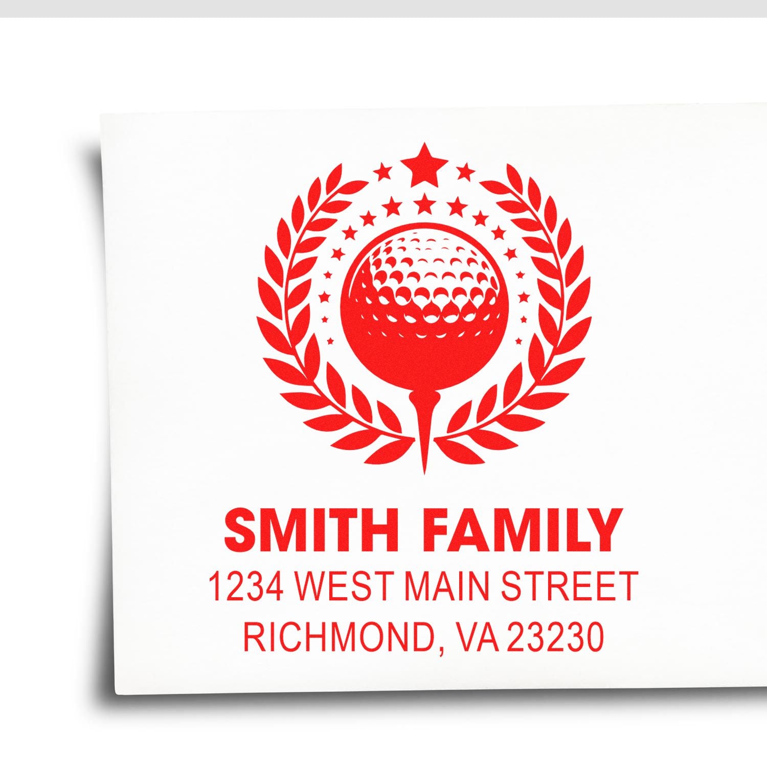 Custom family return address rubber stamp with golf ball crest, Smith Family, Richmond, VA address.