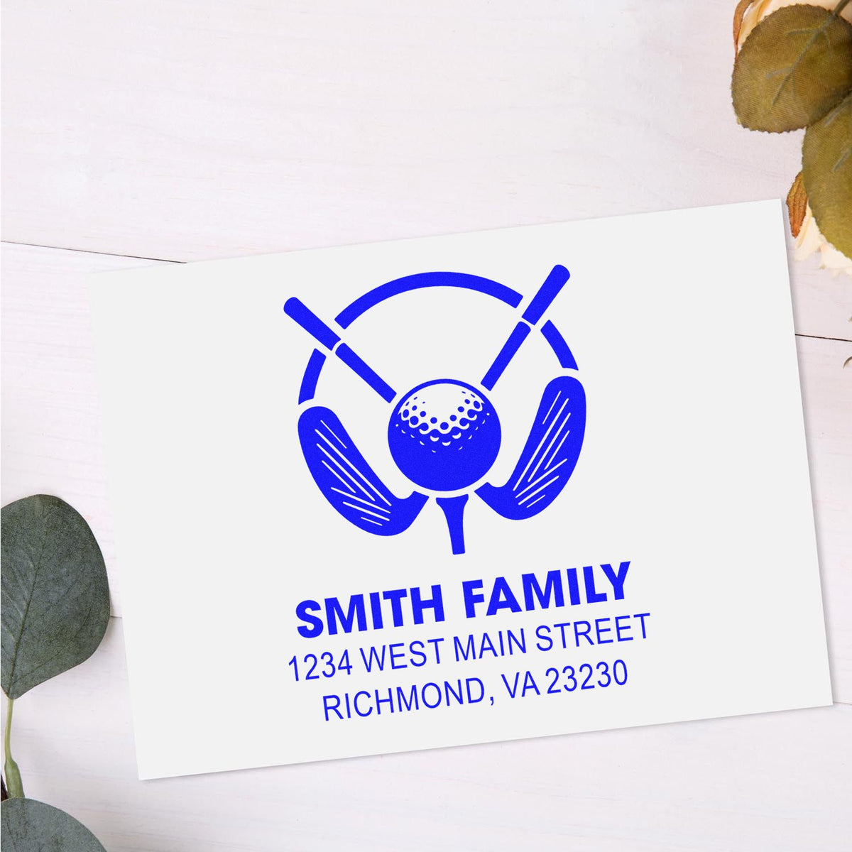 Custom golf return address rubber stamp for Smith Family, featuring name, street address, and Richmond, VA.